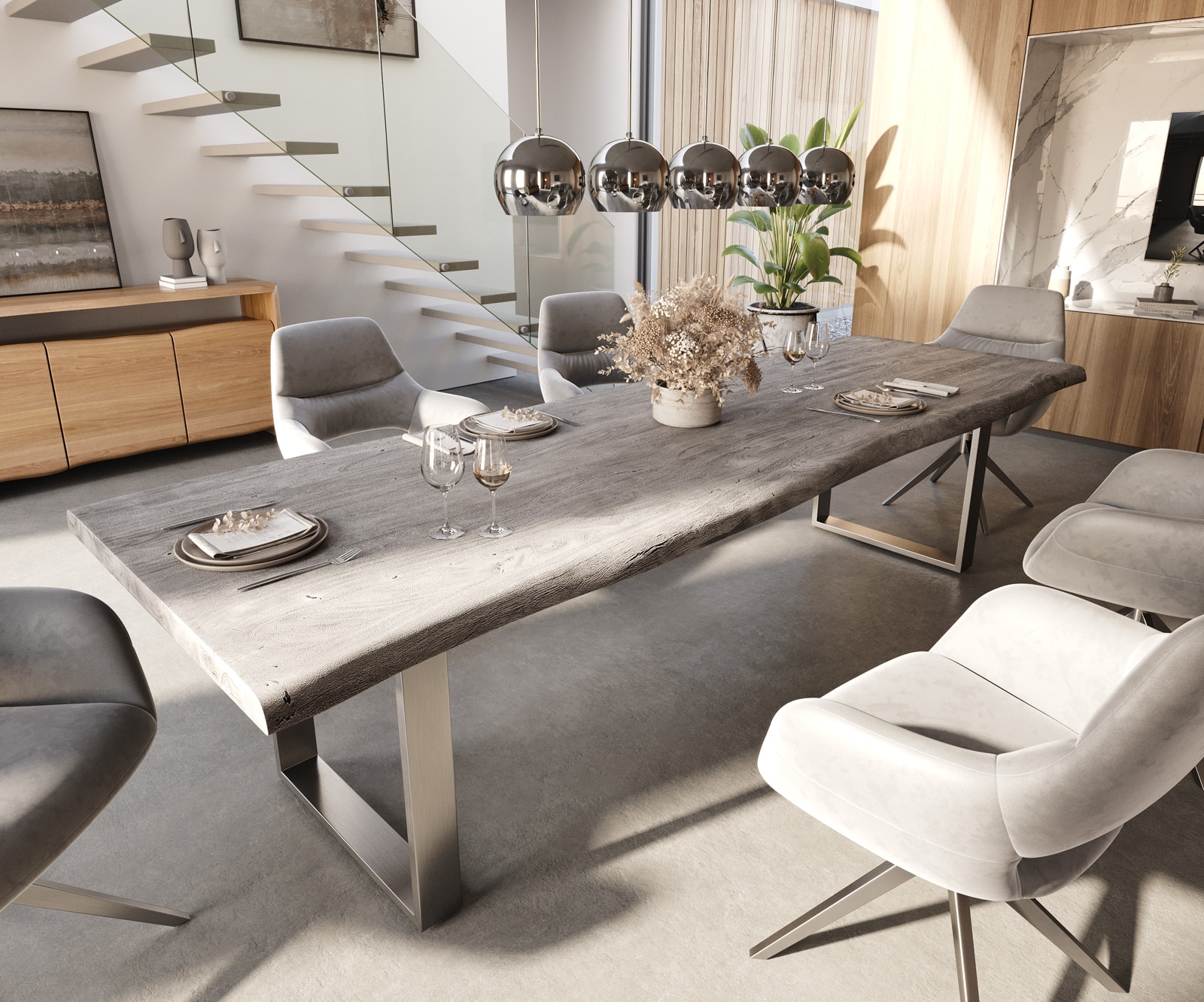 Table-à-manger Edge 300x100 XL acacia platine acier inoxydable mince Live-Edge Table-à-manger Edge 300x100 XL acacia platine acier inoxydable mince Live-Edge