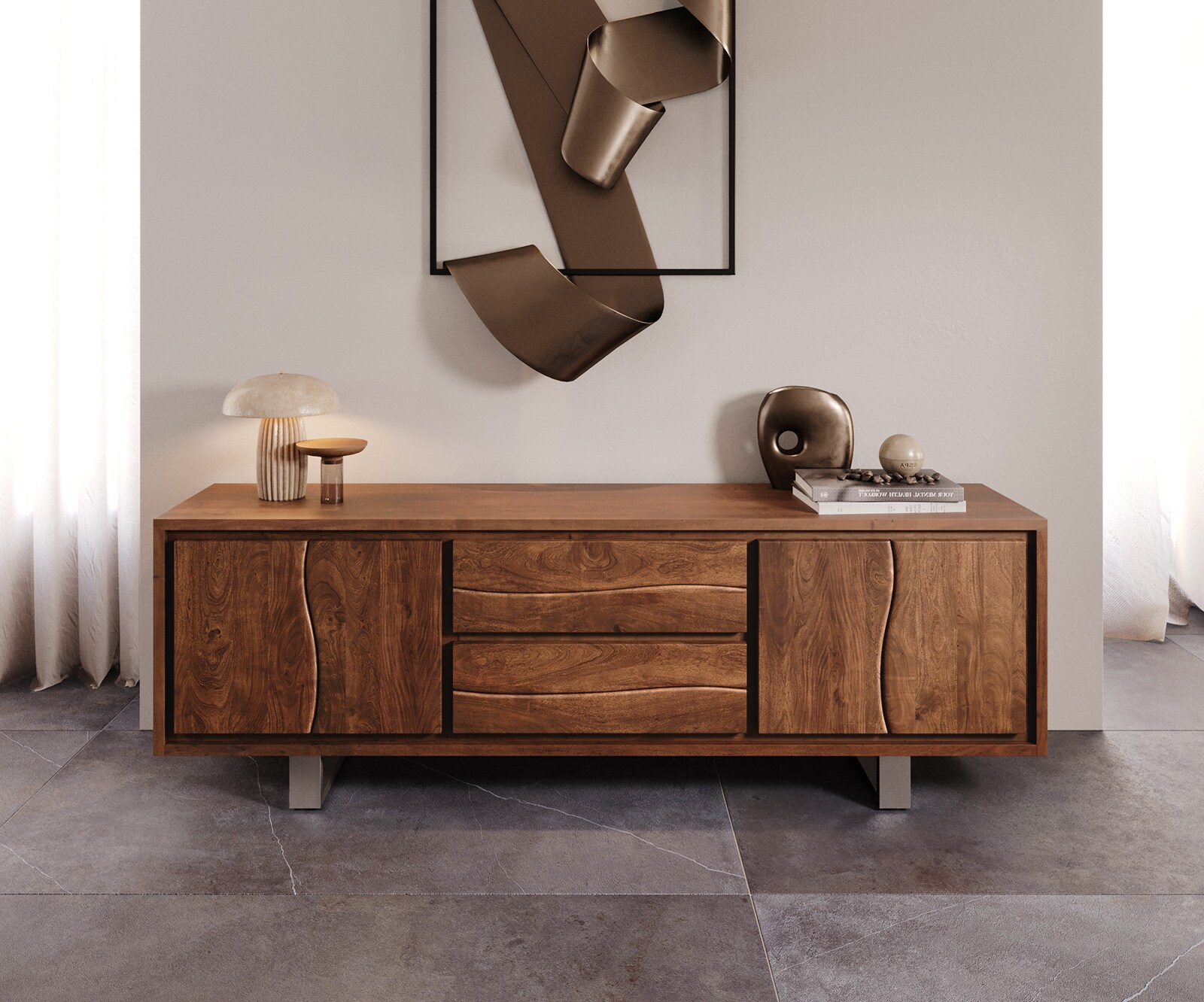 Meuble-TV Live-Edge 200 cm acacia marron 4 portes 2 tiroirs 1