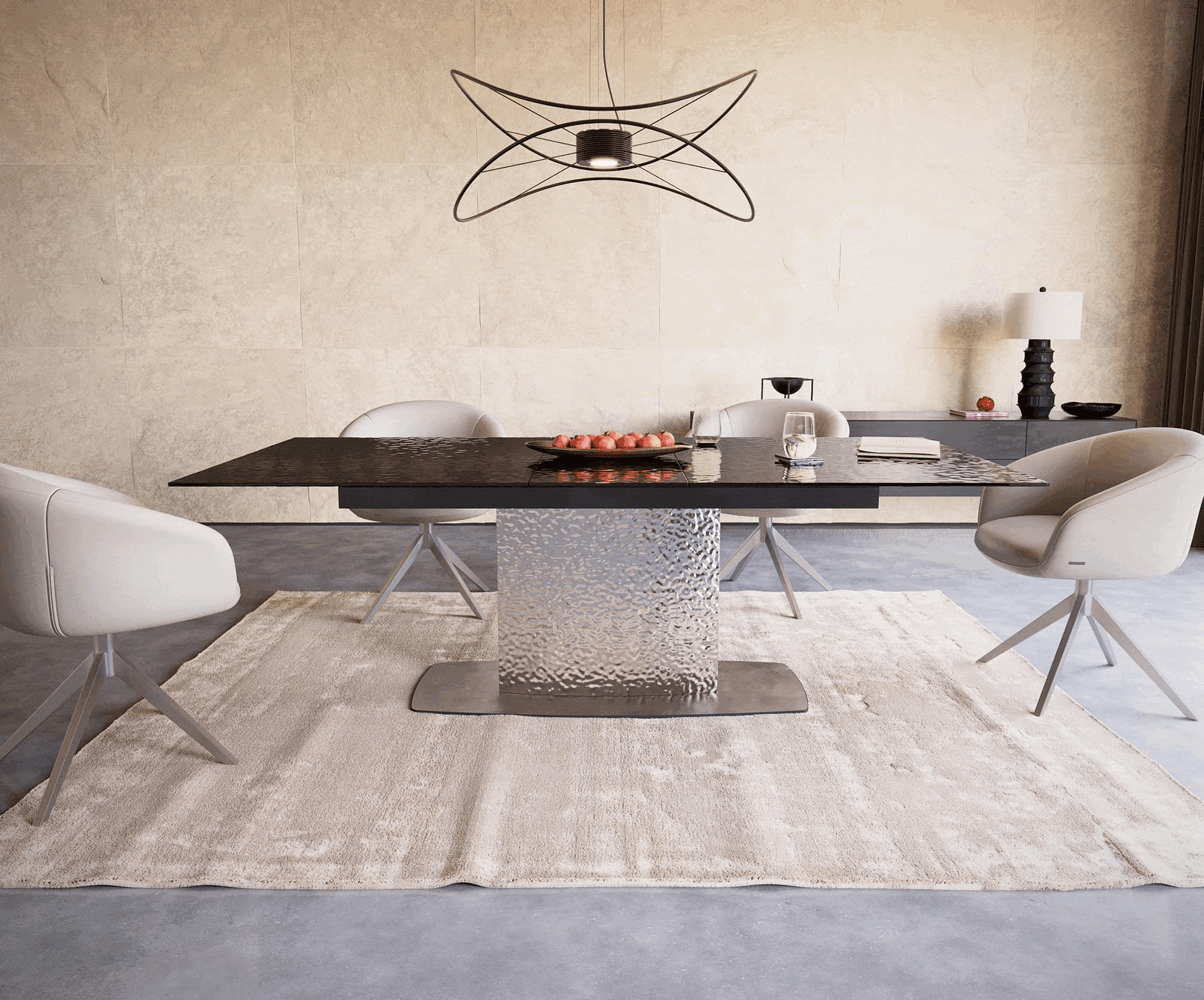 Table à manger Edge 180-220x100 verre fondu noir fumé relief en 3D Wave acier inoxydable extensible 2