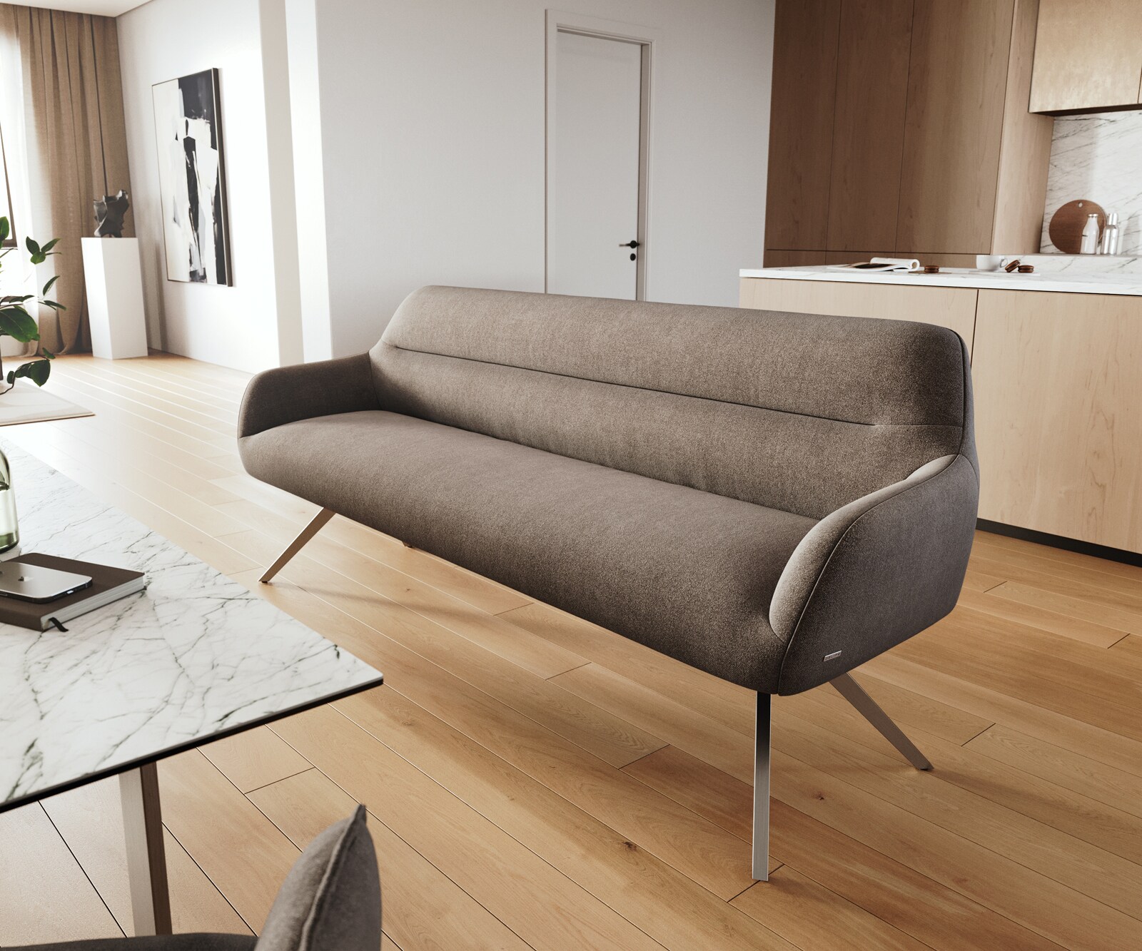 Banc-de-salle-à-manger Taya-Flex 200 cm tissu structuré doux taupe pied croisé angulaire acier inoxydable ressort ensaché