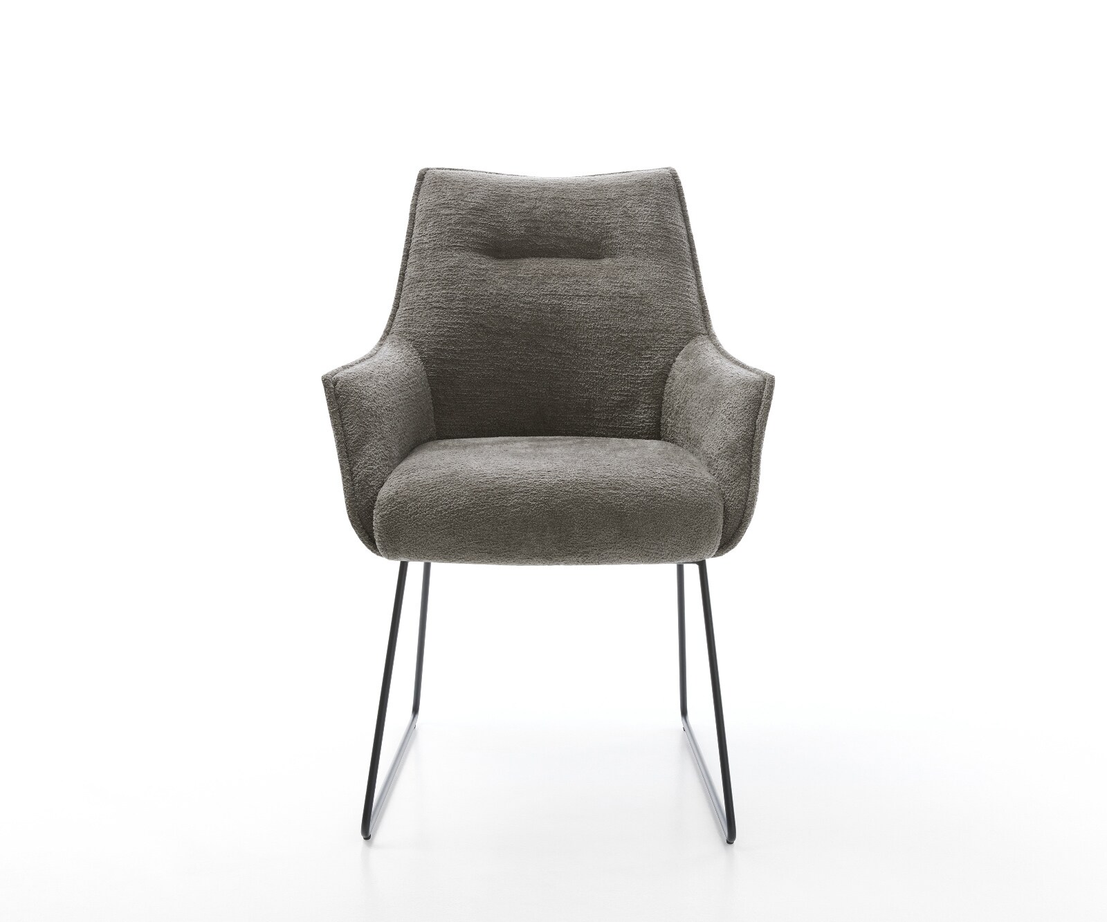 Chaise-de-salle-à-manger Alja-Flex avec accoudoirs bouclé doux couleur boue pied trapèze noir resorts ensachés 1