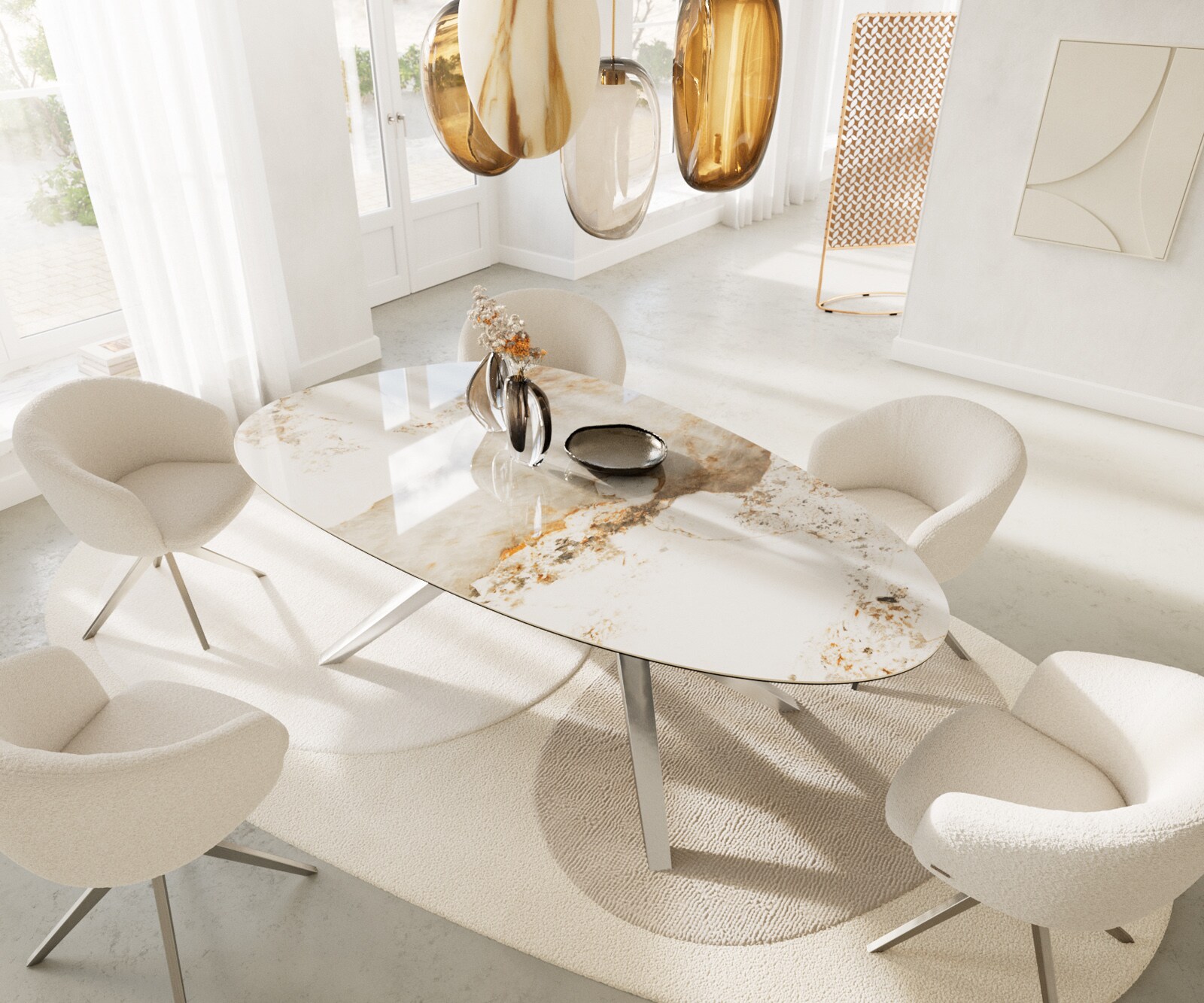 Table à manger Edge Ovale 220x120 Céramique Minas Melange Blanc-Beige Zenthara anguleux Acier inoxydable 4