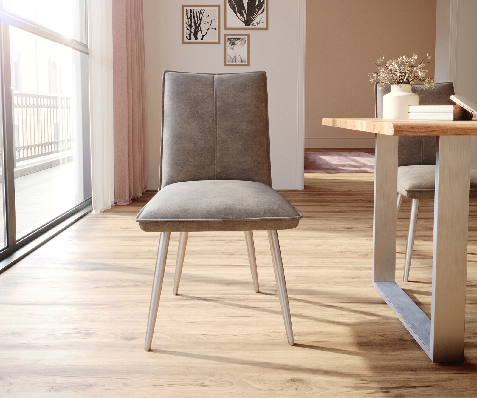 Chaise-de-salle-à-manger Lelio-Flex microvelours taupe vintage 4 pieds coniques acier inoxydable brossé ressorts ensachés 1