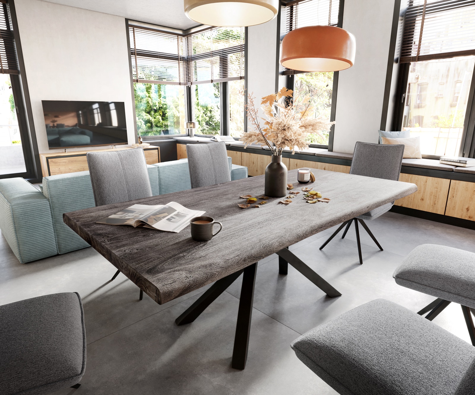 Table à manger Edge 200x100 XL acacia platine cadre croisé rectangle noir Live-Edge Table à manger Edge 200x100 XL acacia platine cadre croisé rectangle noir Live-Edge