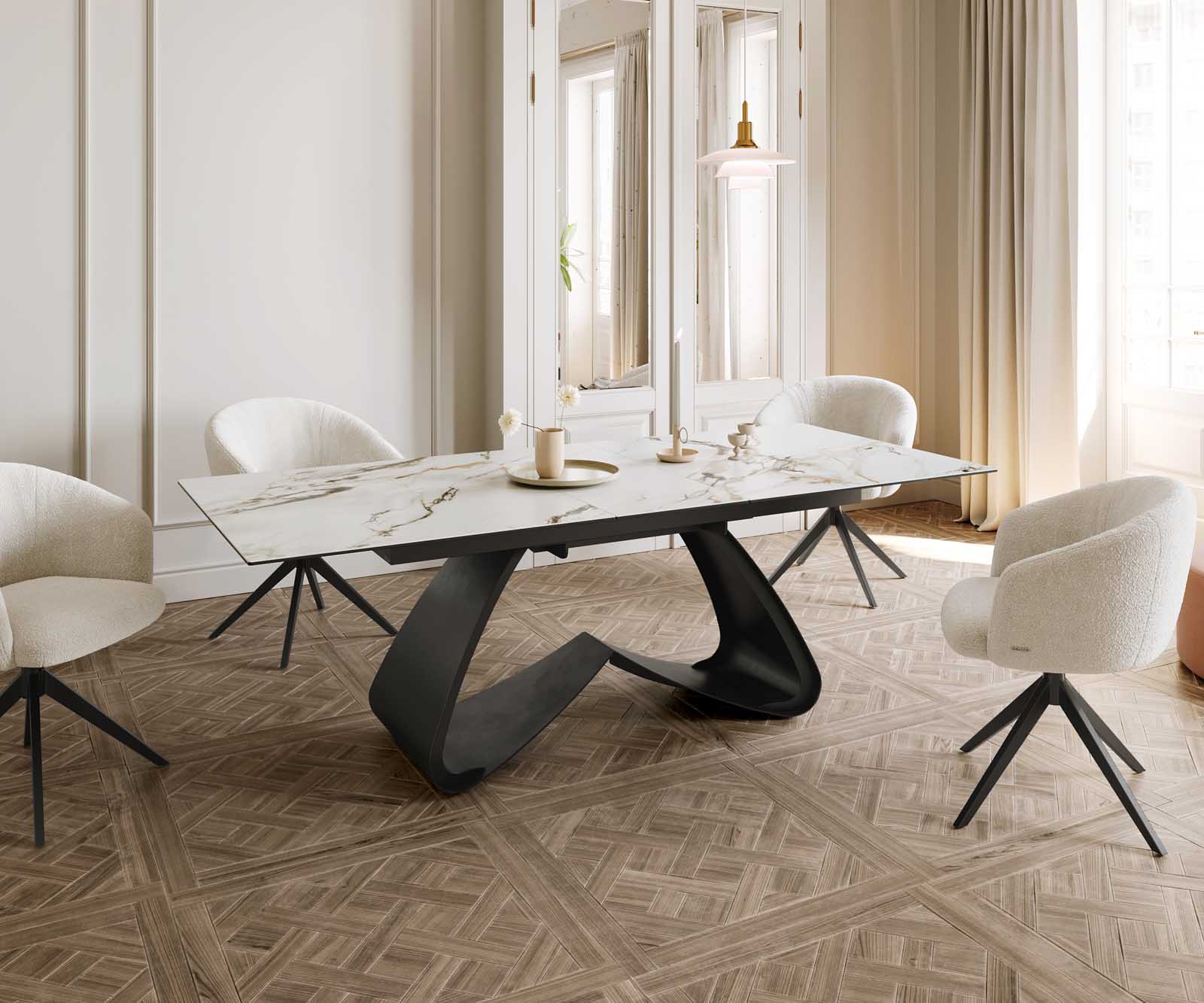 Table à manger Edge 180-220x100 céramique Calacatta Luxe blanc-doré-gris cadre en W noir extensible 8