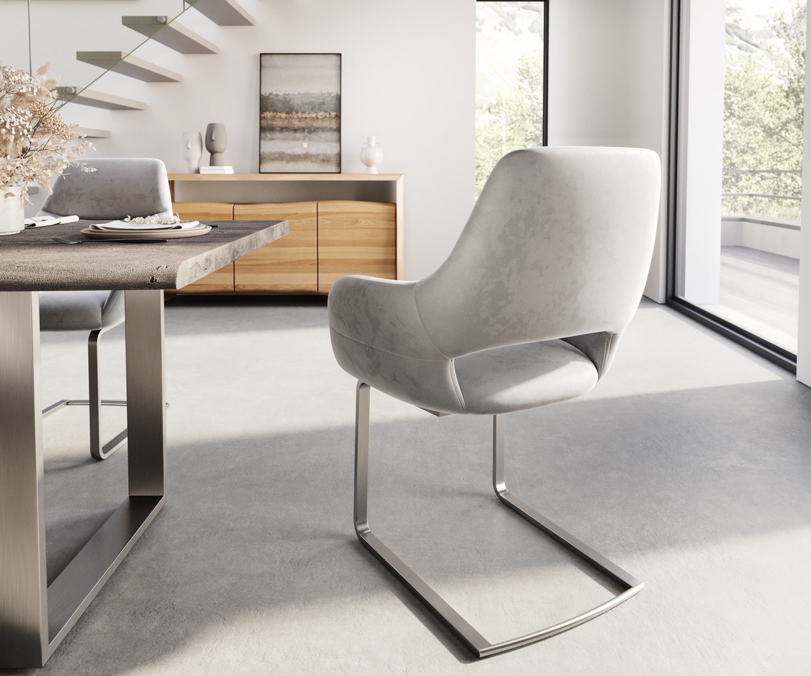 Cantilever Yago-Flex avec accoudoirs velours gris pied cantilever plat acier inoxydable brossé ressorts ensachés 4 Cantilever Yago-Flex avec accoudoirs velours gris pied cantilever plat acier inoxydable brossé ressorts ensachés 4