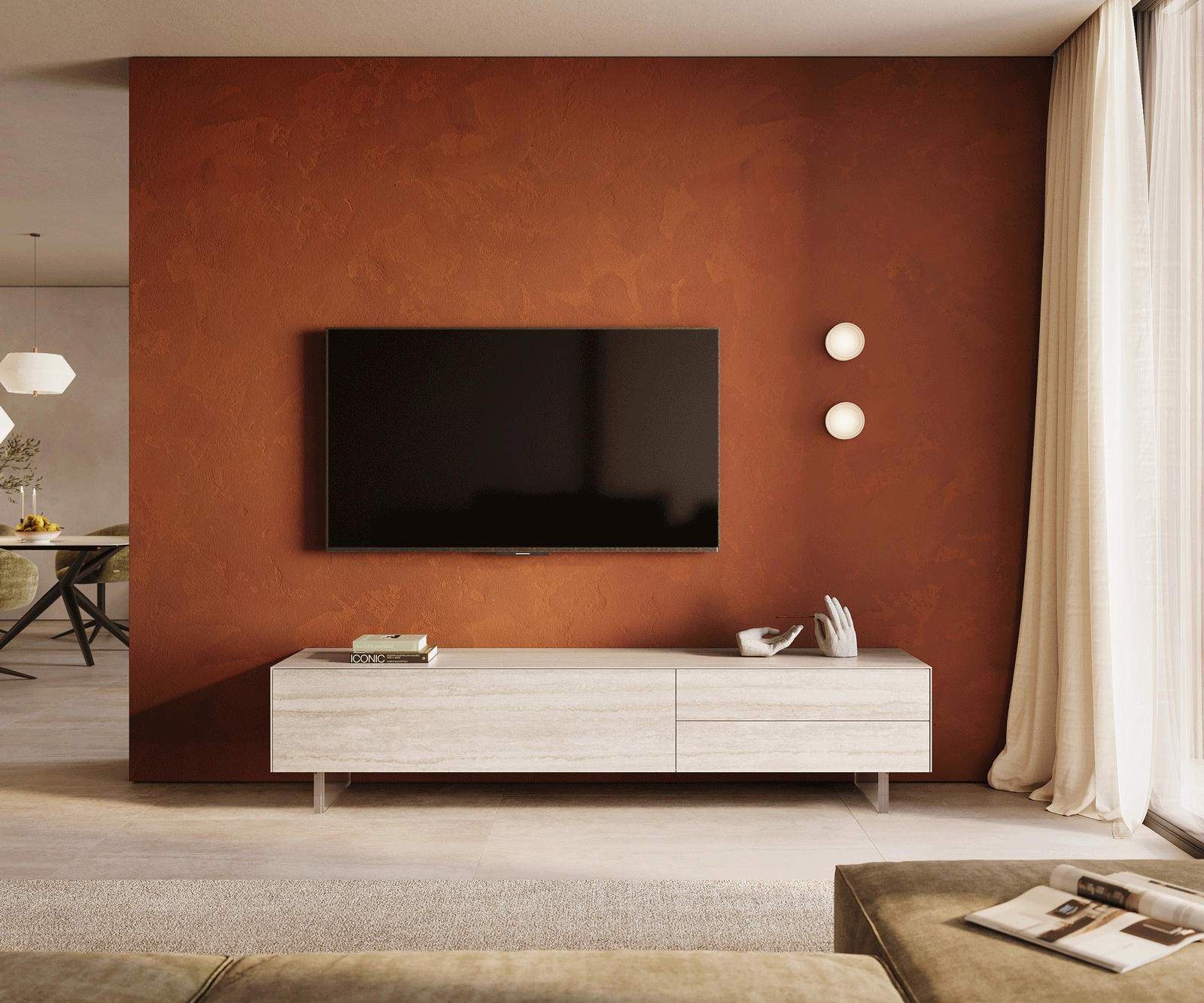 Meuble-TV Cuor 220 cm Céramique Laminam® Travertino Bianco Crème-blanc 1 Clapet 2 Tiroirs Pied optique flottant Verre acrylique 2