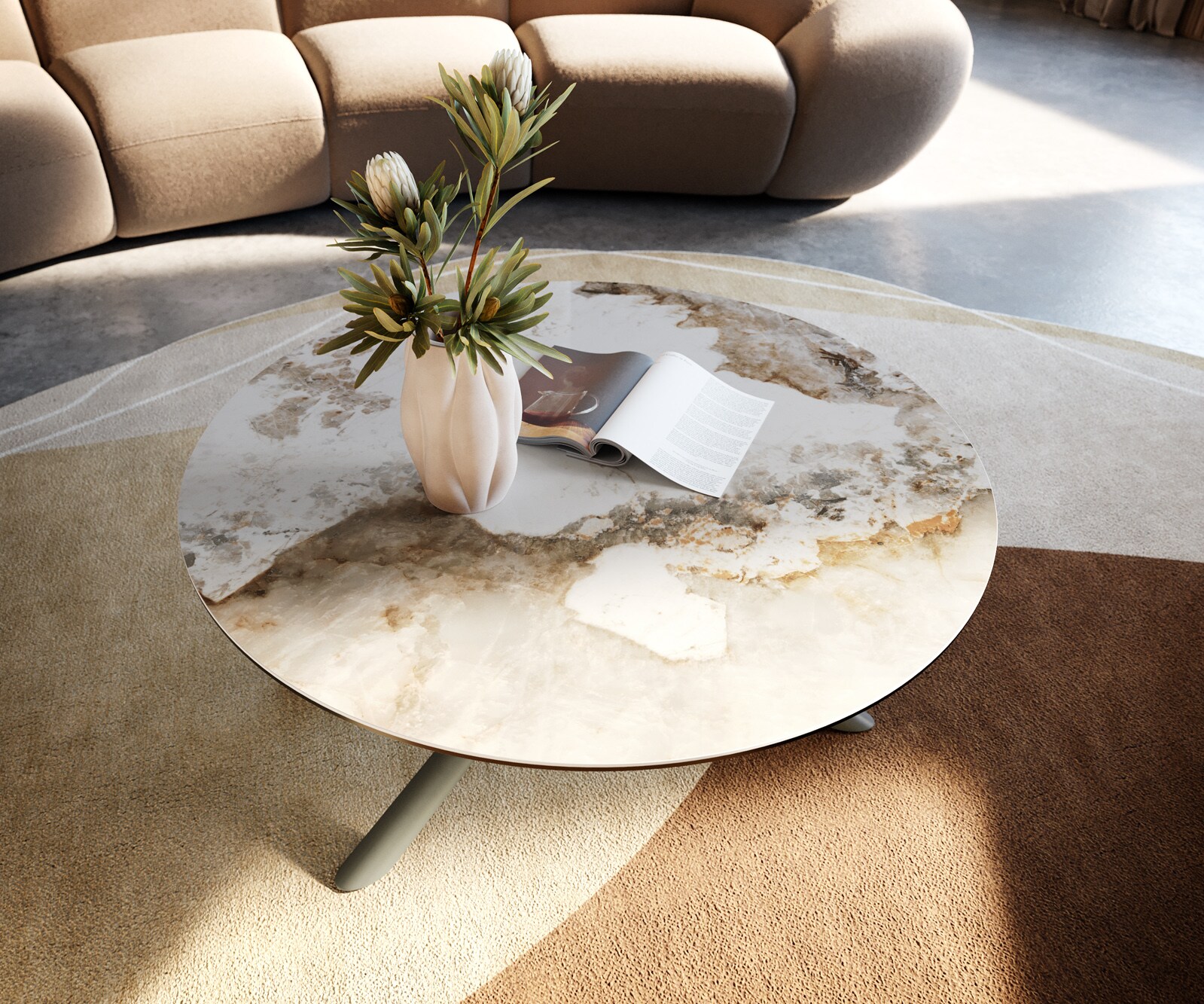 Table basse Edge rond 90x90 cm céramique Minas Melange Sarity Metall finition effet titane 1