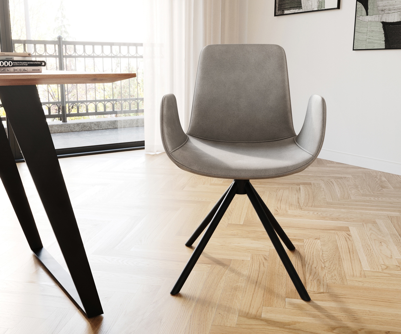 Chaise-de-salle-à-manger Ilia-Flex avec accoudoirs velours gris pied croisé conique noir 1 Chaise-de-salle-à-manger Ilia-Flex avec accoudoirs velours gris pied croisé conique noir 1