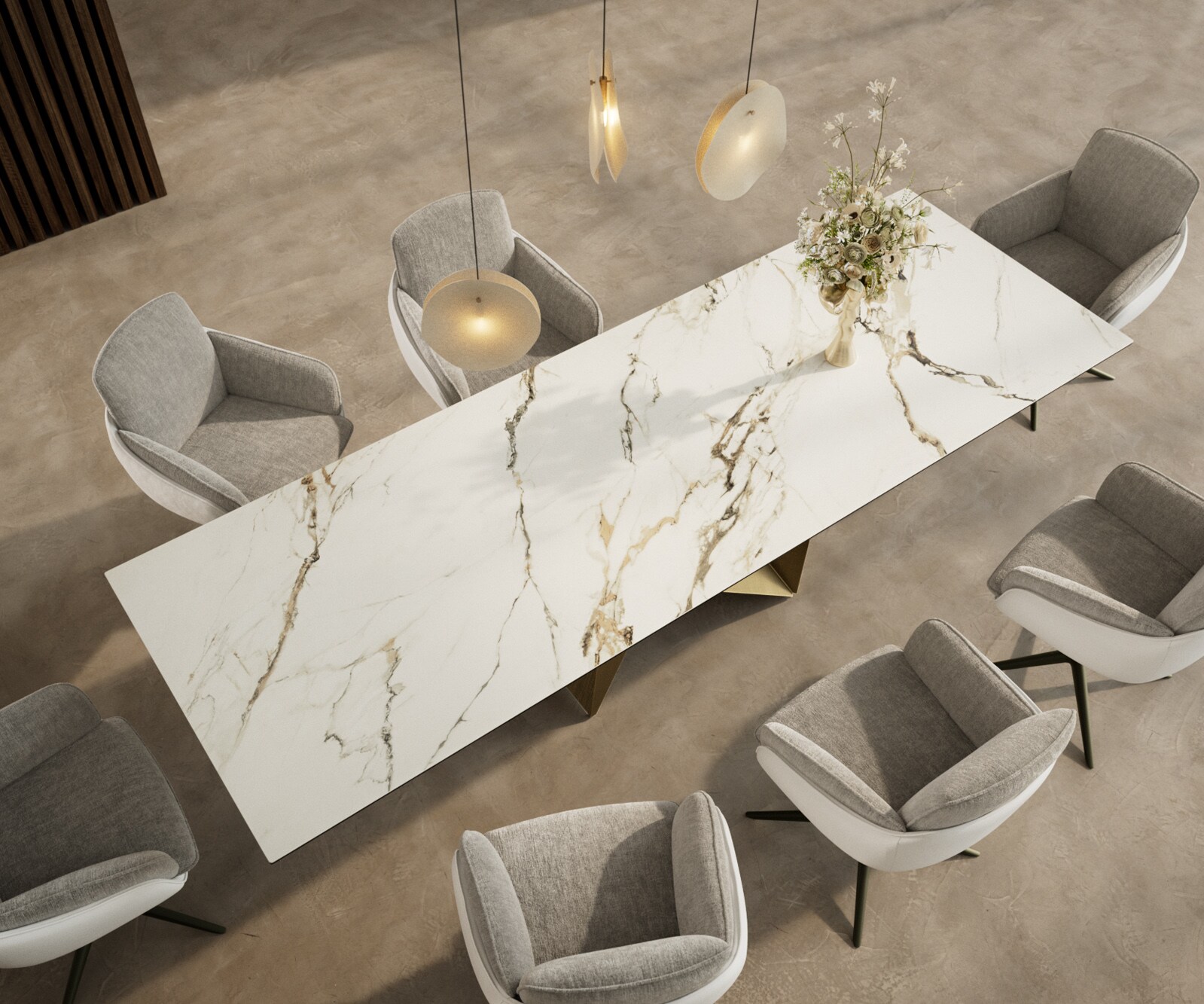 Table à manger Edge 300x100 céramique Calacatta Luxe blanc-doré-gris Origami métallique doré 3