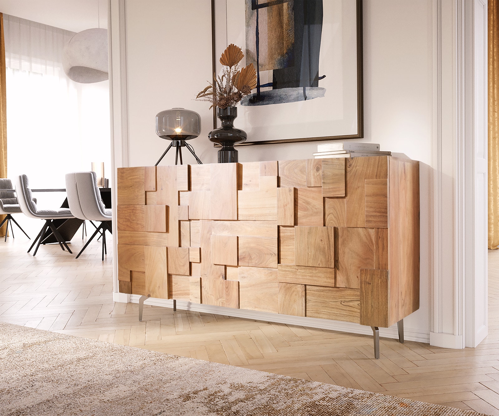 Buffet Puzzle 145 cm acacia naturel pied angulaire inoxydable  Buffet Puzzle 145 cm acacia naturel pied angulaire inoxydable