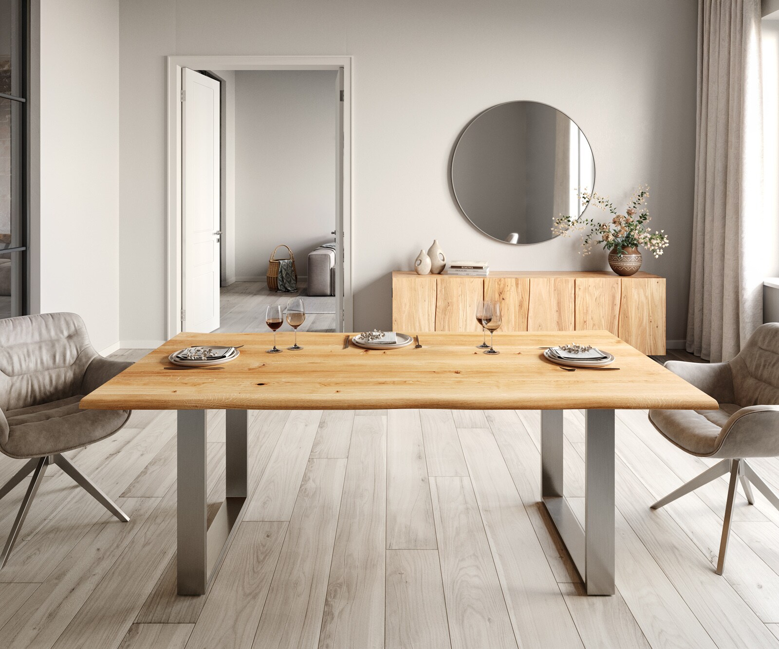 Table-à-manger Edge 200x100x2,5-3 chêne nature acier inoxydable mince Live-Edge 1