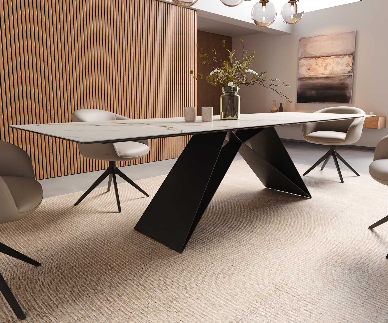 Table à manger Edge 300x100 céramique Calacatta Luxe blanc-doré-gris cadre en V acier plat noir 7