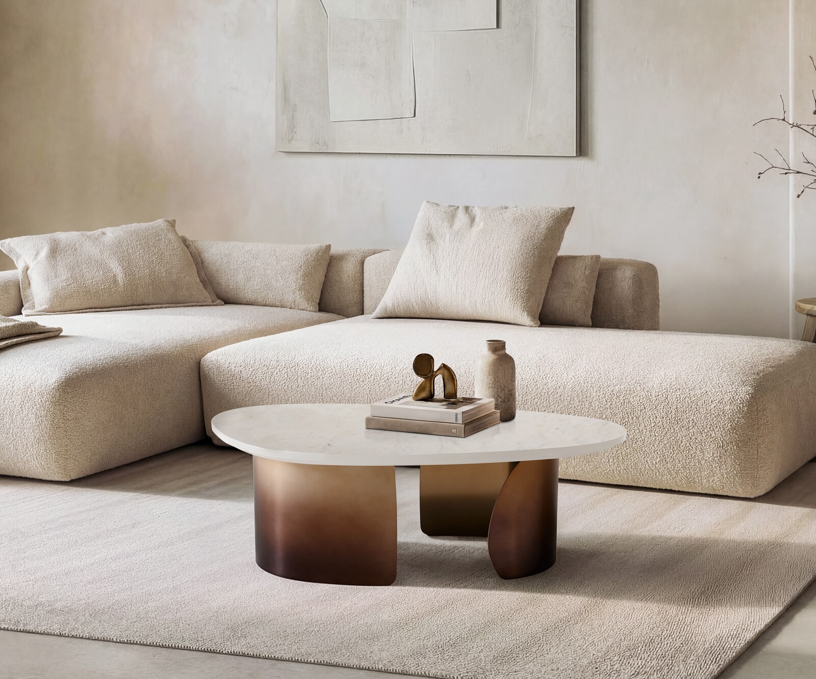 Table basse Marvello 100x50 cm marbre blanc métal Gold Ombre
