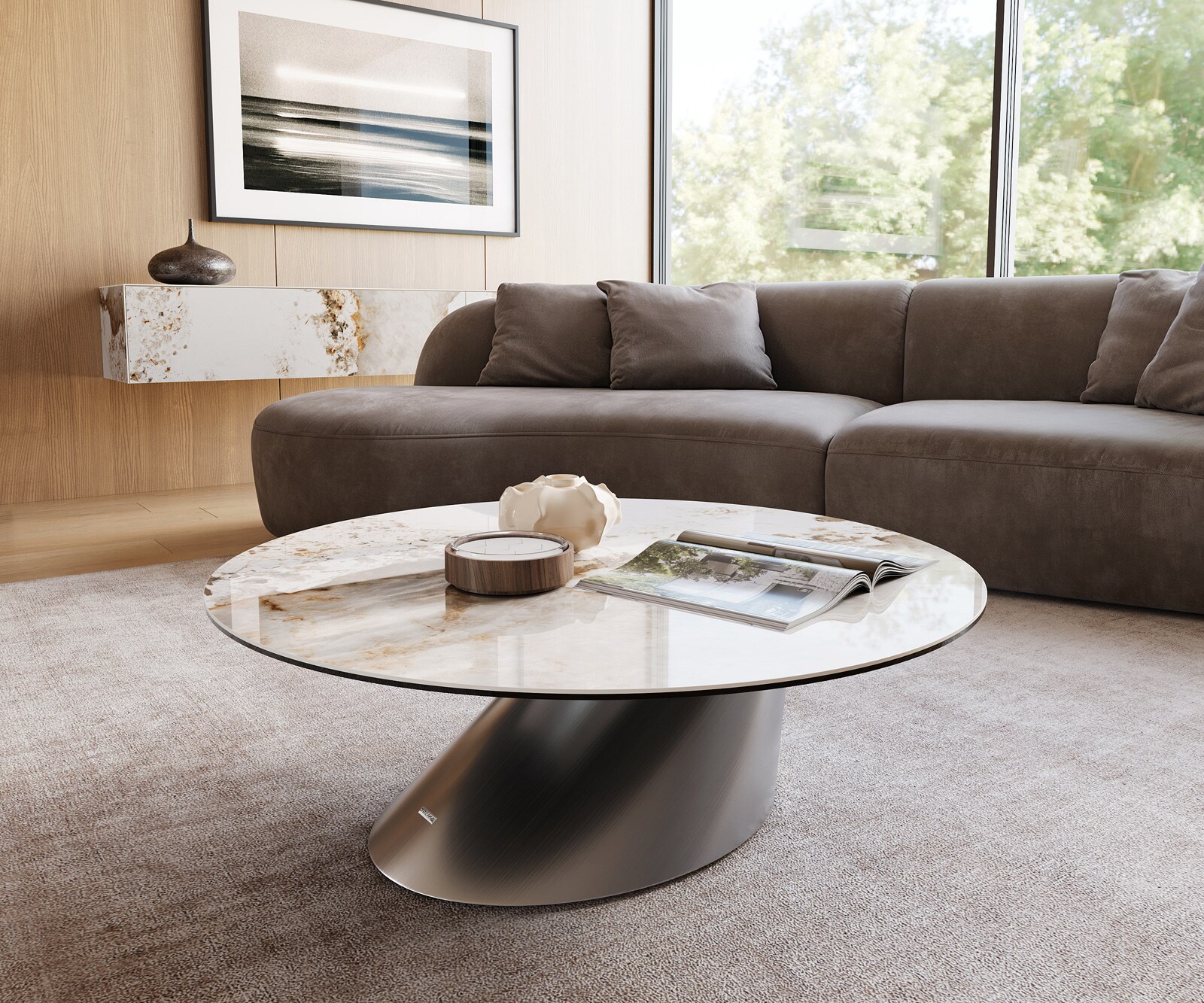 Table basse Edge rond 100x100 cm céramique Minas Melange Conis acier inoxydable brossé 1