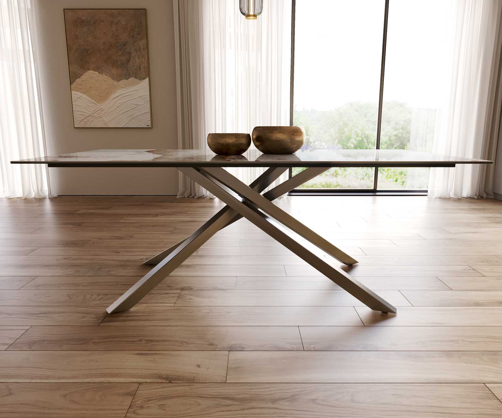 Table à manger Edge 200x100 céramique Minas mélange blanc-beige cadre croisé rectangulaire acier inoxydable 8