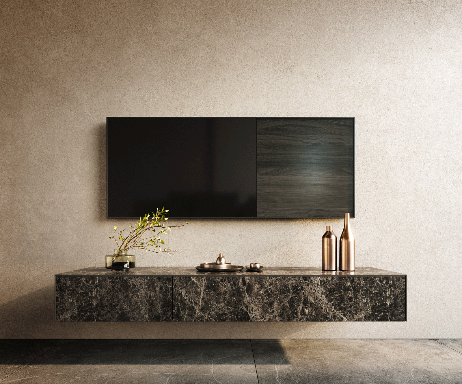 Meuble-TV Cuor 150 cm Céramique Laminam® Emperador Extra Lucidato brun foncé 1 Clapet 1 Tiroir Flottant 1