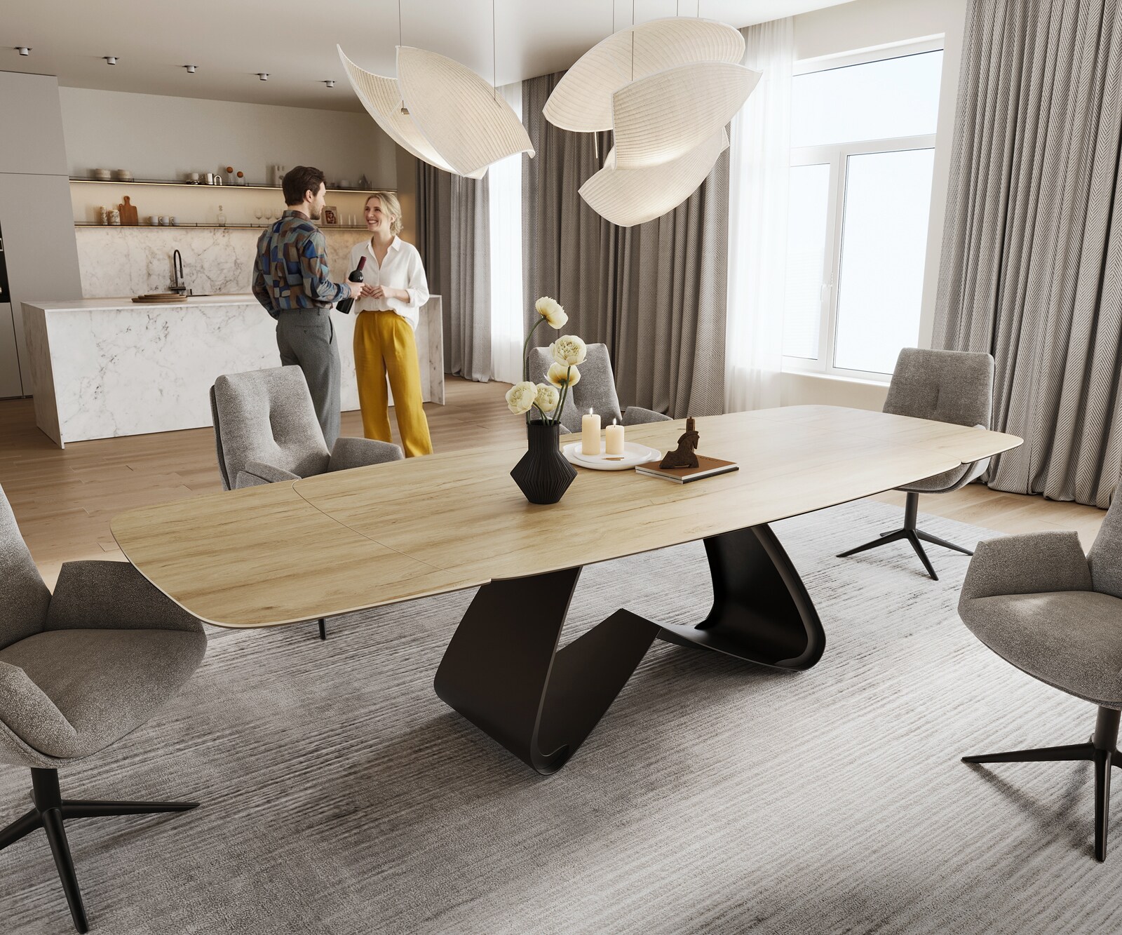 Table à manger Edge Boot 200-300x120 cm Céramique Laminam® Sabbia Eichefarbig piètement en W Noir extensible 1