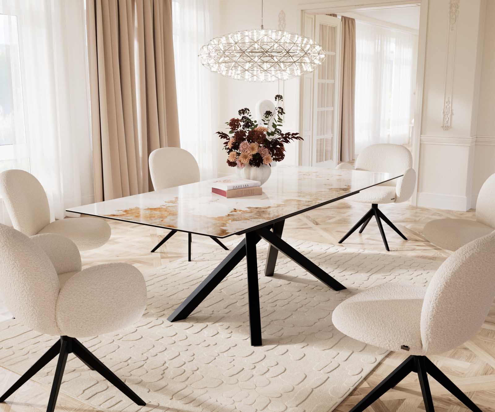 Table à manger Edge 180-220x100 céramique Minas mélange blanc-beige cadre croisé rectangulaire noir extensible 9