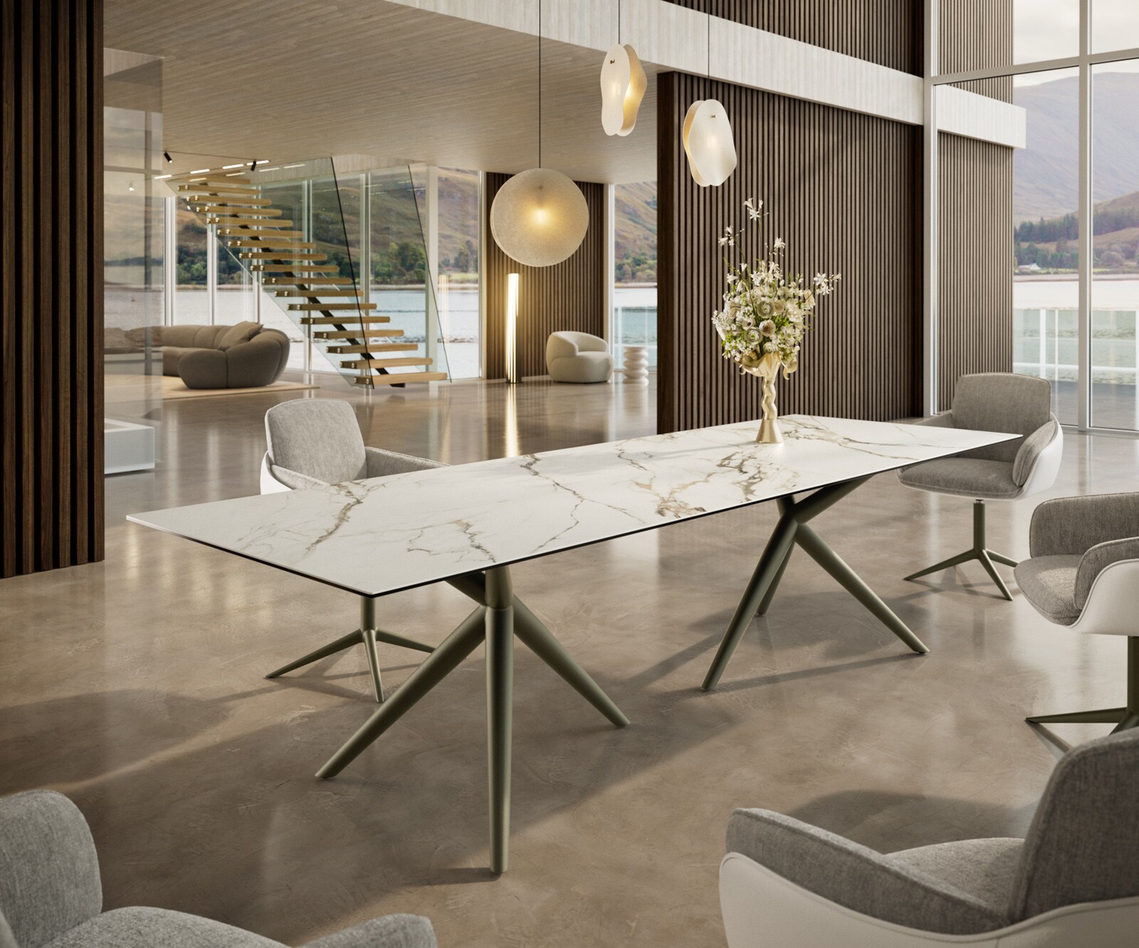 Table à manger Edge 300x100 Céramique Calacatta Luxe Blanc-Doré-Gris Estelar rond Métal finition à effet Titane 1