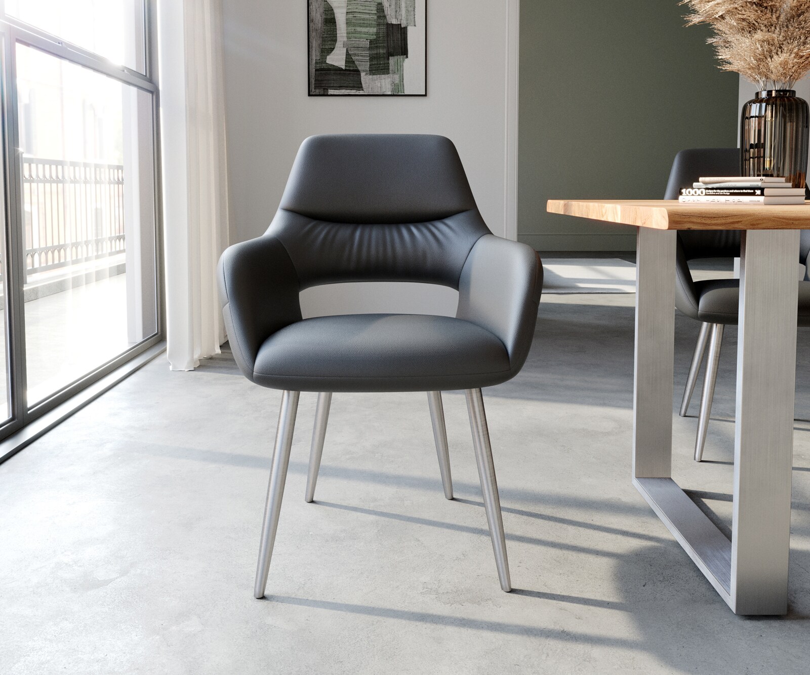 Chaise-de-salle-à-manger Yago-Flex avec accoudoirs cuir de vache noir 4 pieds coniques acier inoxydable brossé ressorts ensachés 1 Chaise-de-salle-à-manger Yago-Flex avec accoudoirs cuir de vache noir 4 pieds coniques acier inoxydable brossé ressorts ensachés 1