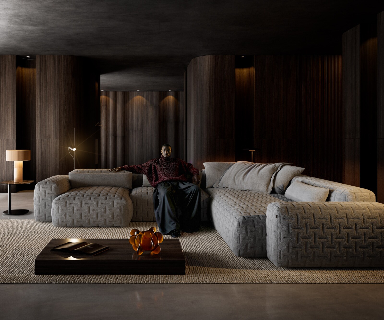 Canapé panoramique Freestyle 360x290 cm Tissu structuré doux Gris matelassé