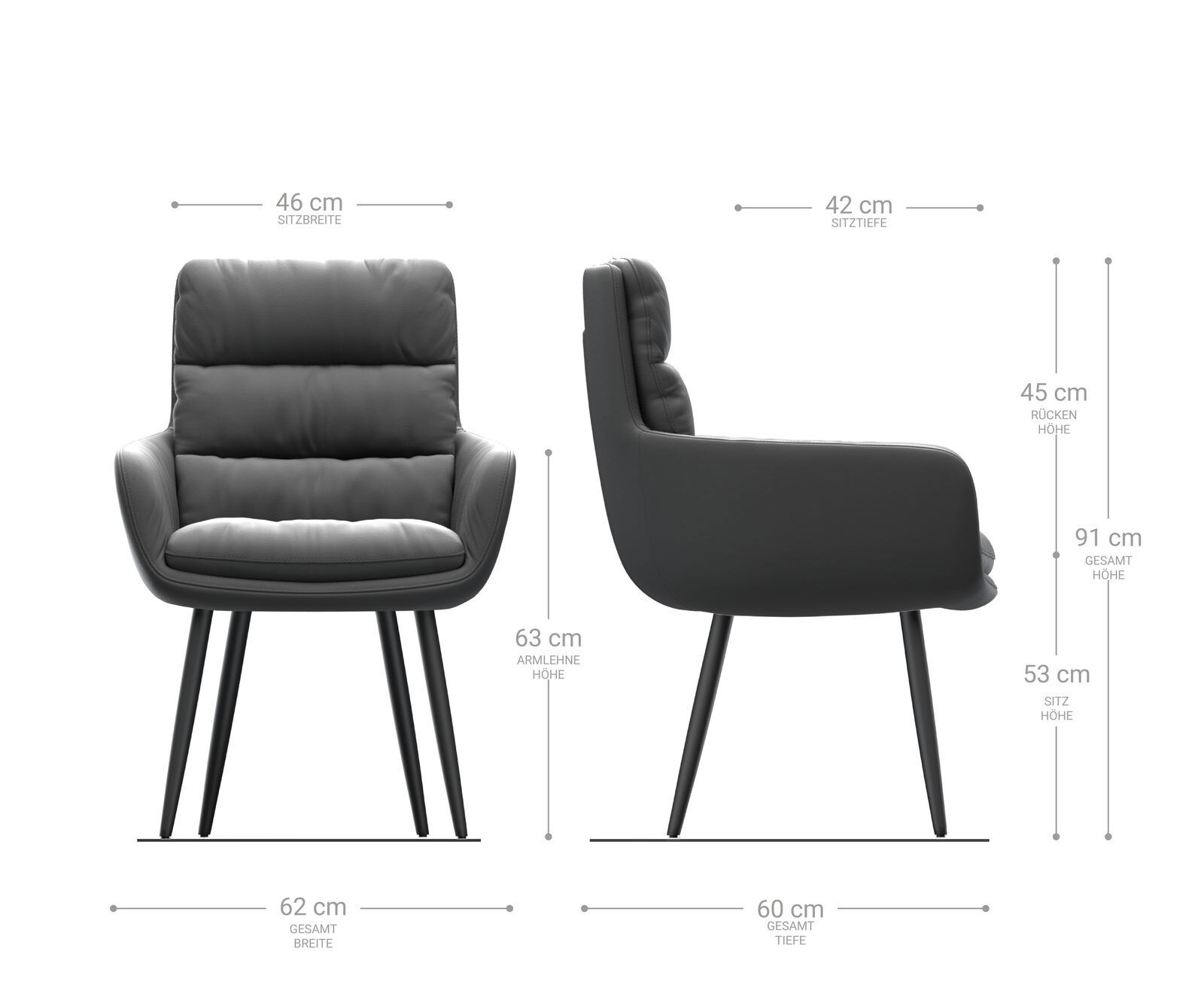 Chaise-de-salle-à-manger Abelia-Flex avec accoudoirs cuir de vache noir 4 pieds coniques acier inoxydable brossé 6