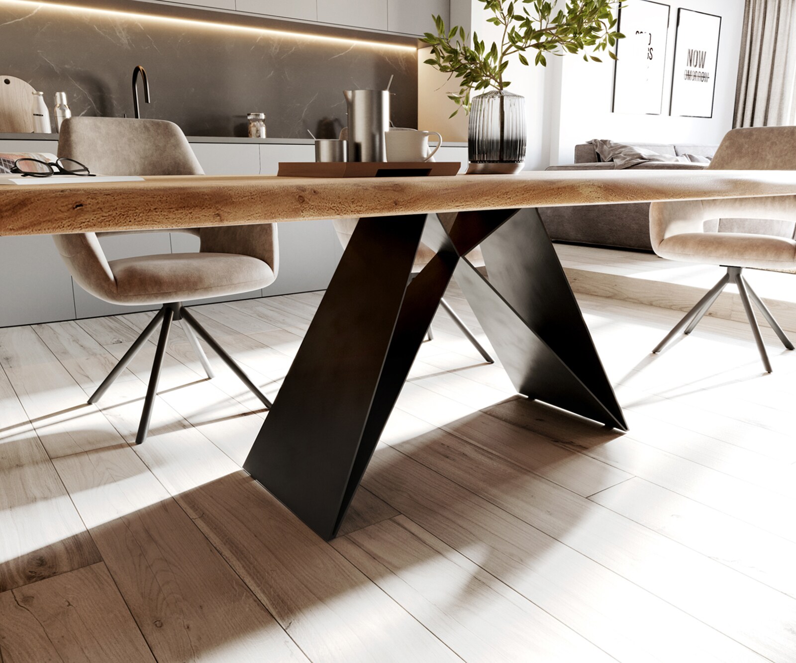 Table à manger Edge 260x100 XL acacia nature cadre en V acier plat noir Live-Edge 4