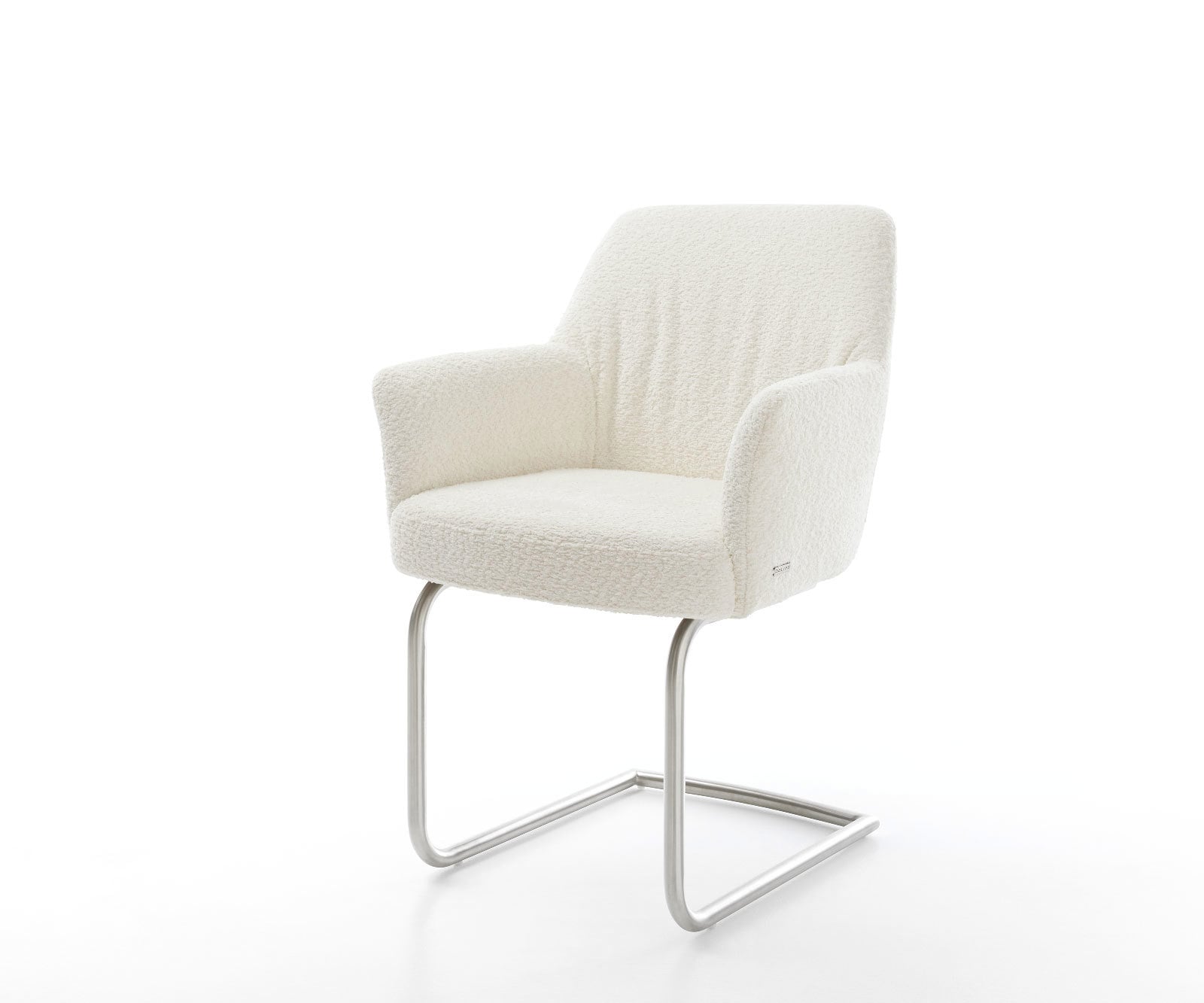 Cantilever Xana-Flex avec accoudoirs bouclé blanc pied cantilever rond acier inoxydable brossé ressorts ensachés 1