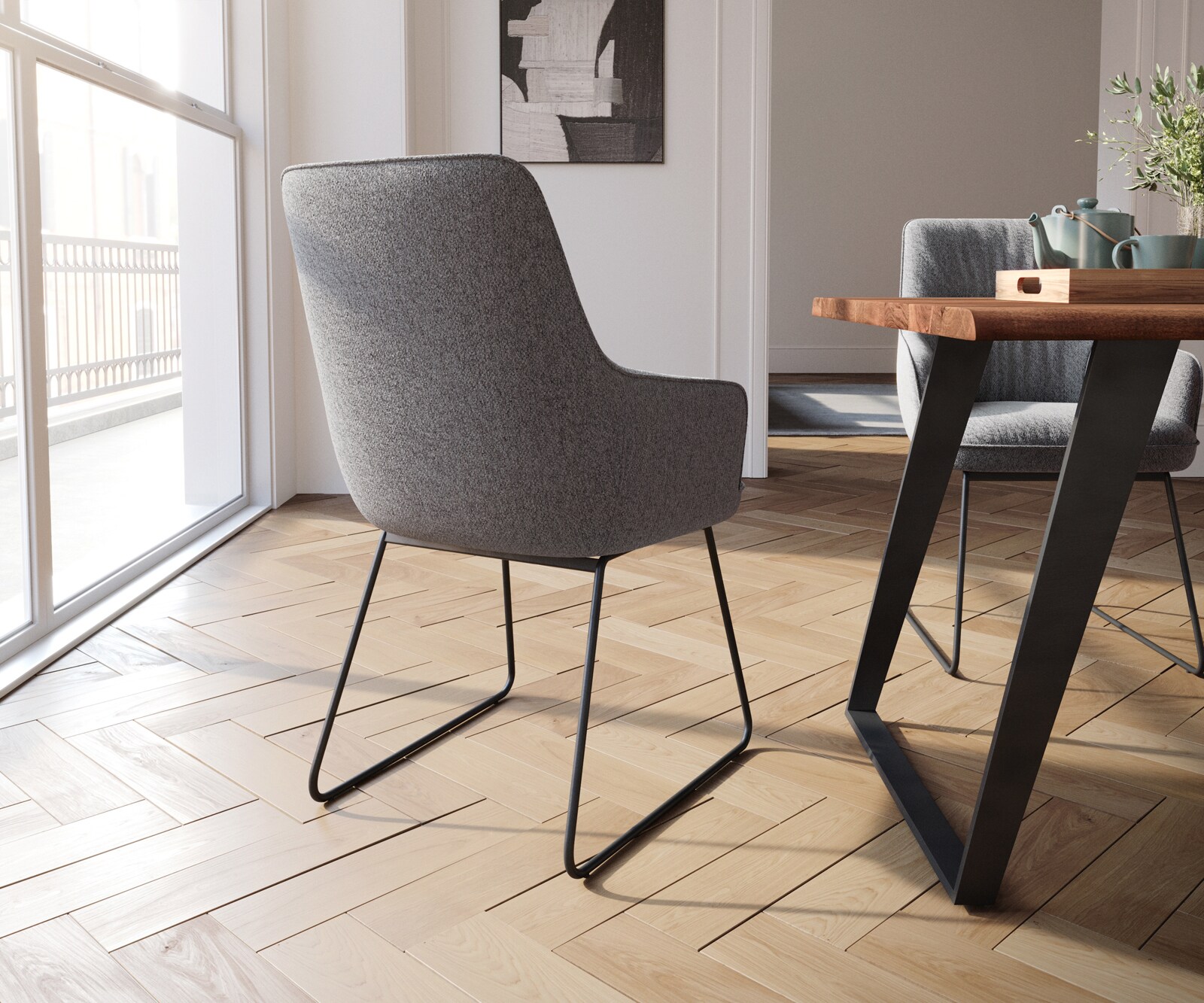 Chaise-de-salle-à-manger Zelia-Flex avec accoudoirs tissu texturé gris clair pied trapèze noir ressorts ensachés 4 Chaise-de-salle-à-manger Zelia-Flex avec accoudoirs tissu texturé gris clair pied trapèze noir ressorts ensachés 4