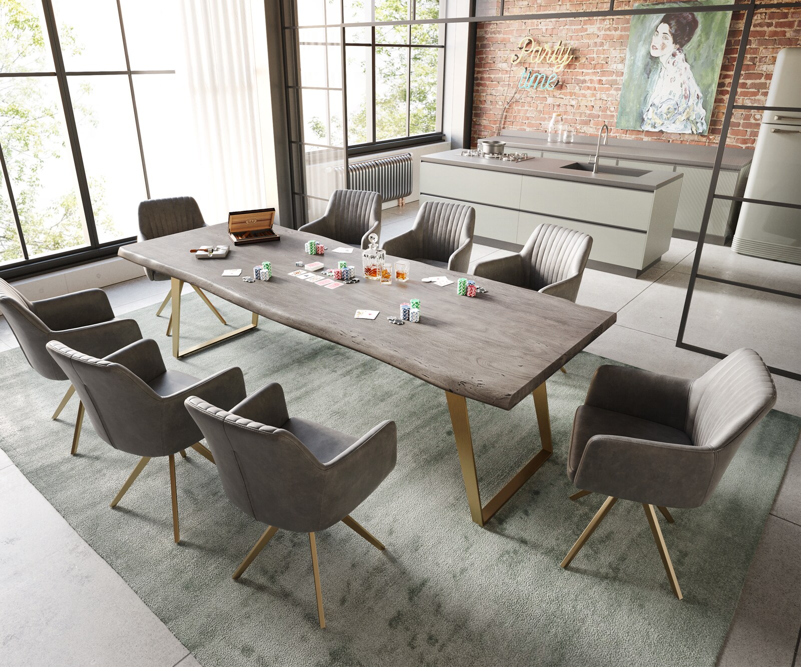 Table à manger Edge 260x100 XL acacia platine acier inoxydable Gold inclinée Live-Edge 4