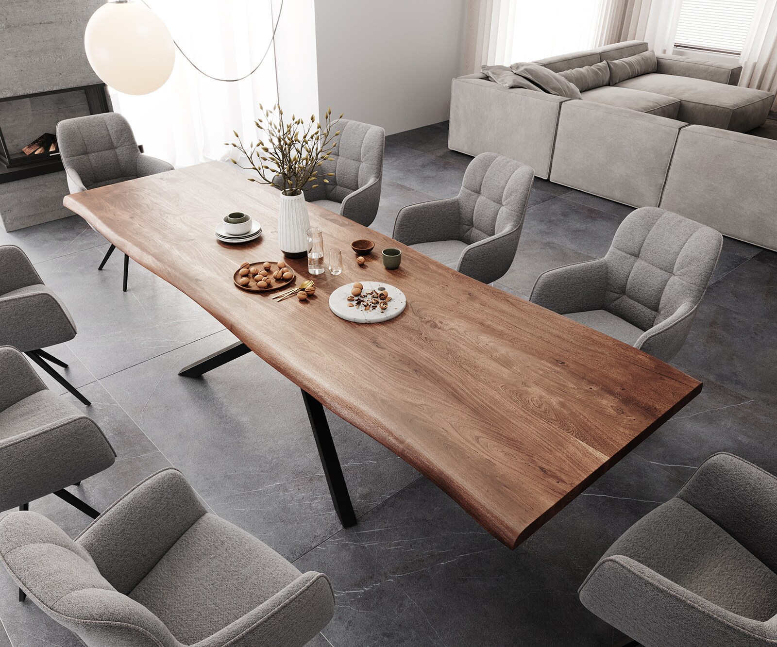 Table à manger Edge 300x100 XL acacia marron cadre croisé rectangle noir Live-Edge 4