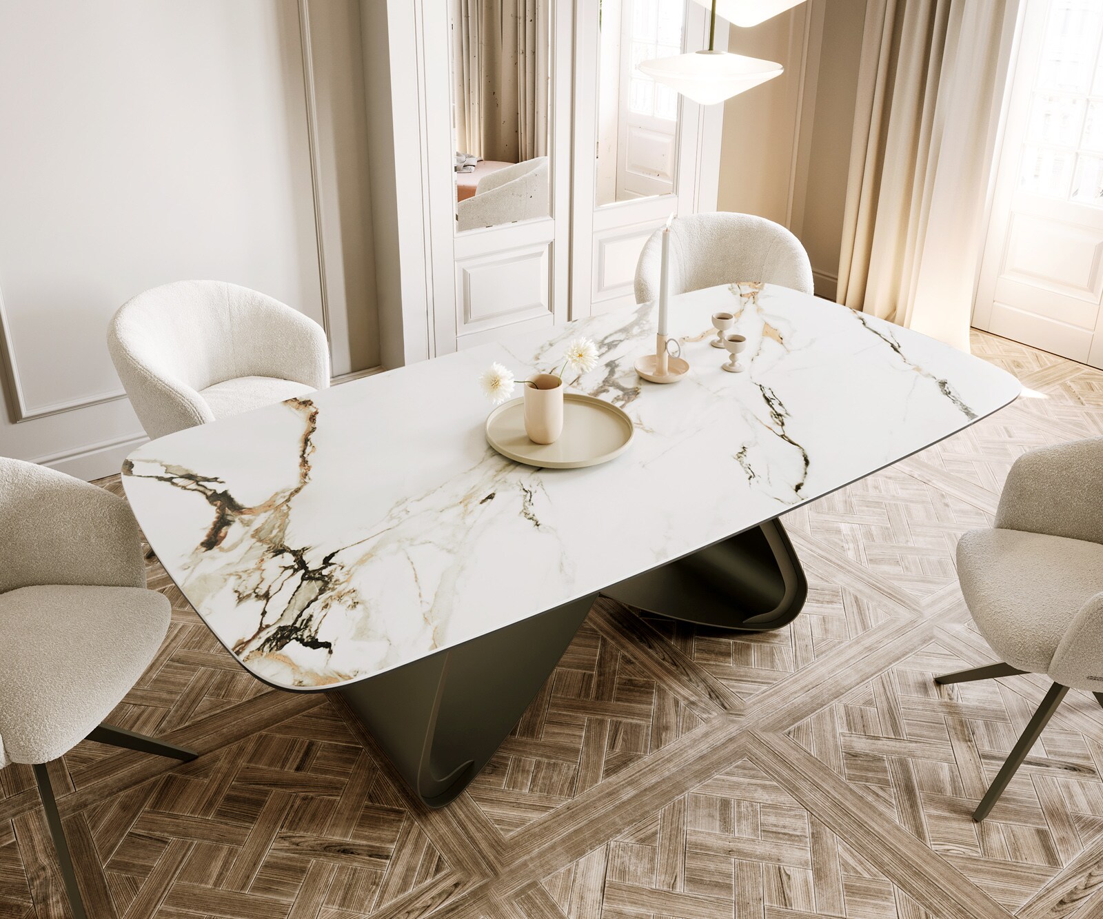 Table à manger Edge Boot 200x100 céramique Calacatta Luxe blanc-doré-gris cadre en W métal effet finition titanee 3