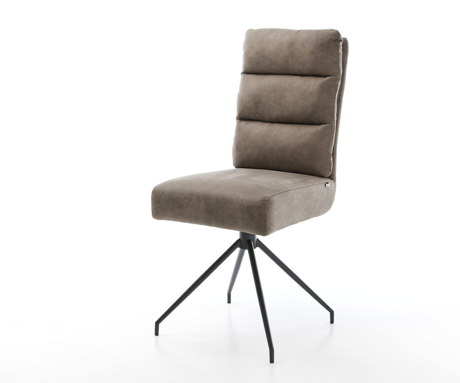 Chaise-de-salle-à-manger Pela-Flex microvelours taupe vintage pied croisé conique noir ressorts ensachés Chaise-de-salle-à-manger Pela-Flex microvelours taupe vintage pied croisé conique noir ressorts ensachés