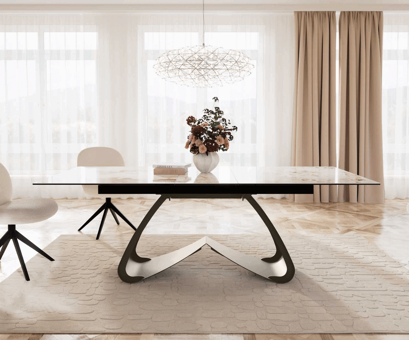 Table à manger Edge 180-220x100 Céramique Minas Melange Blanc-Beige cadre en W Effet Titan Extensible 2
