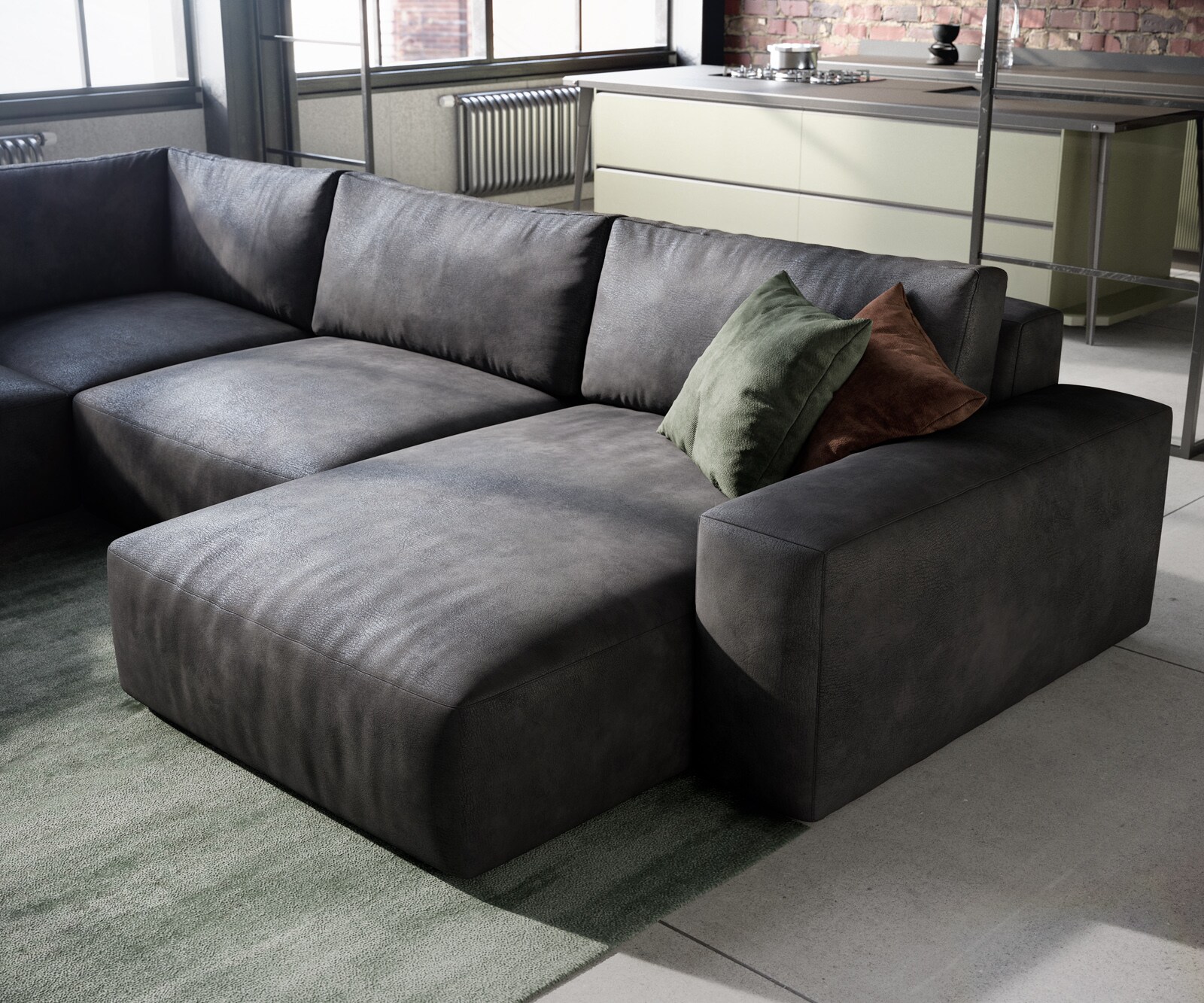 Grand canapé d’angle Lanzo 300x210 cm similicuir vintage anthracite 300x210 cm méridienne réversible avec pouf 4