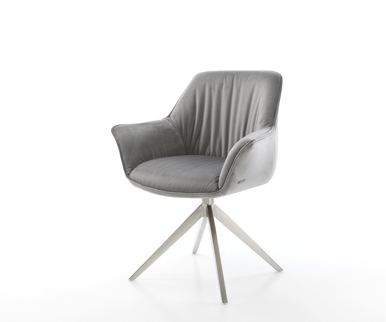 Chaise-de-salle-à-manger Keila-Flex avec accoudoirs velours gris pied croisé large acier inoxydable brossé