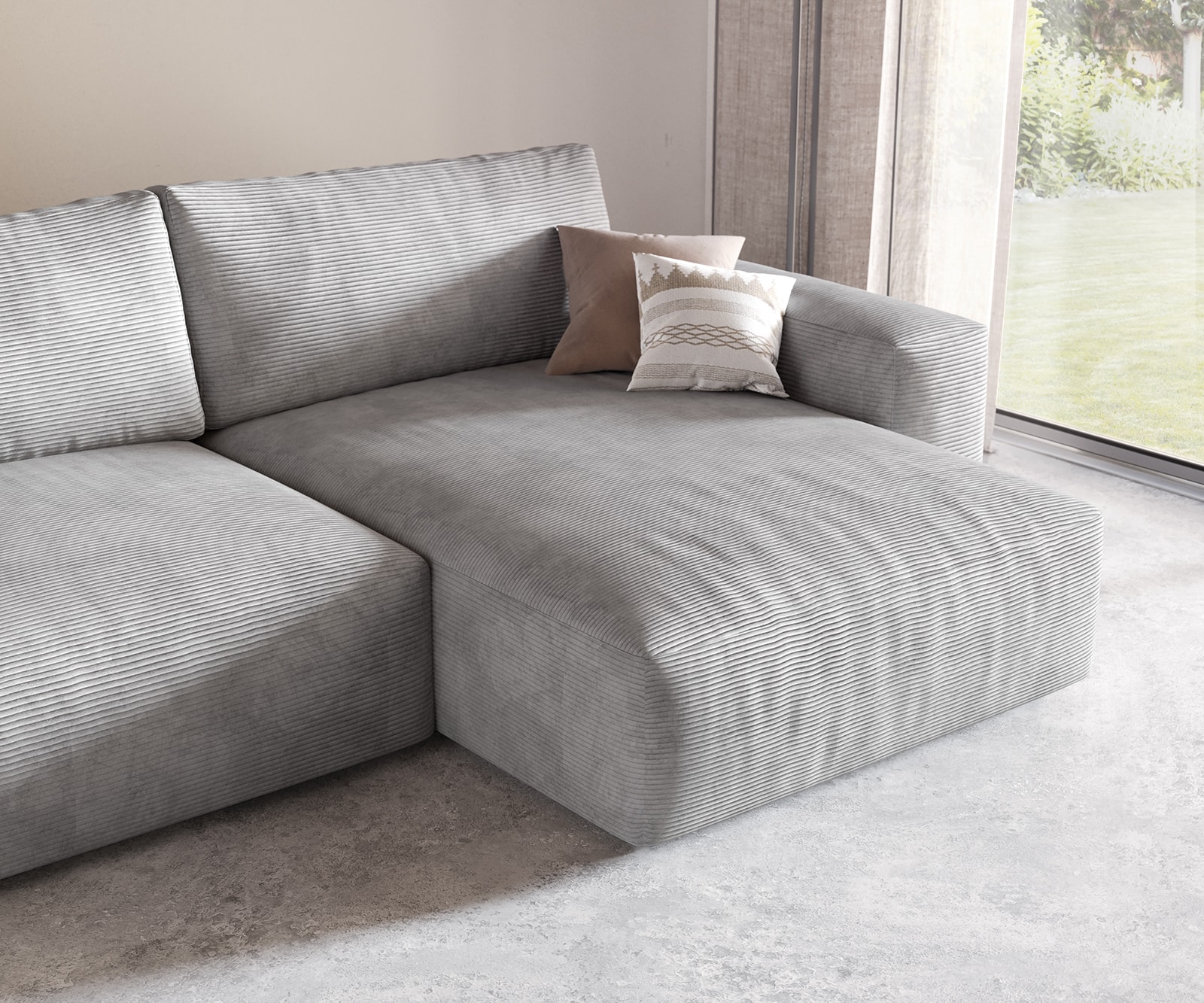 Canapé d'angle Lanzo XL 380x180 cm Cord Gris Argenté Recamière variable 6