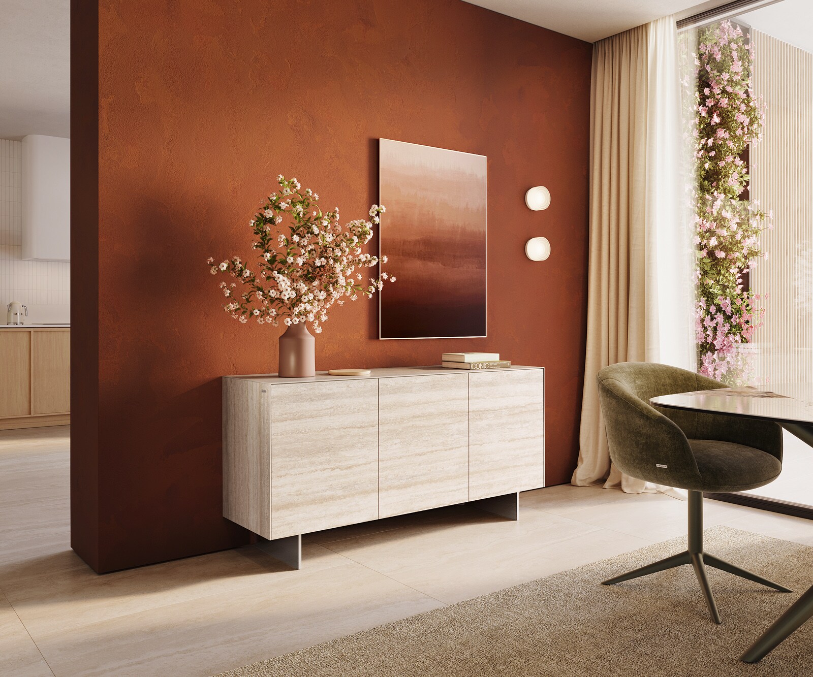 Buffet Cuor 150 cm Céramique Laminam® Travertino Bianco Crème-blanc 3 Portes Pied optique flottant Ancier inoxydable