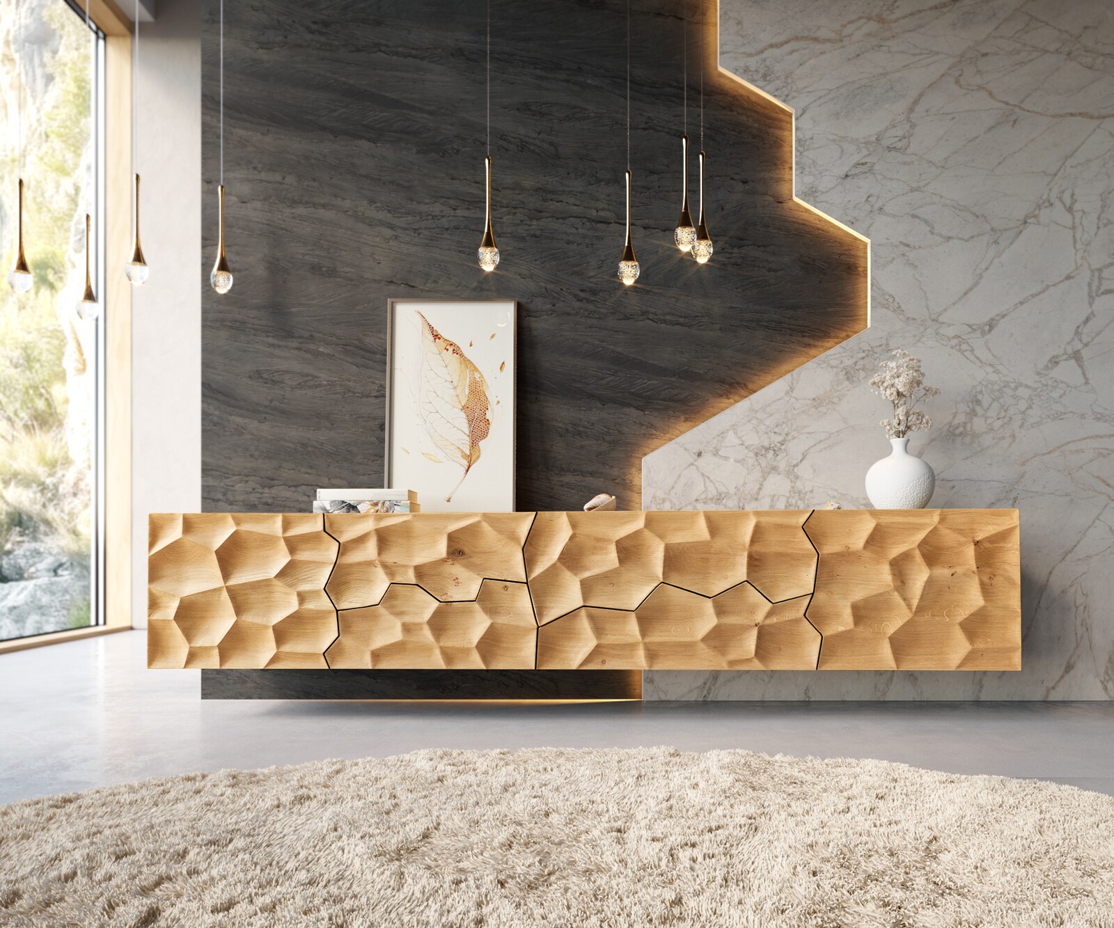 Buffet Solu 220 0cm en chêne naturel 2 portes 4 tiroirs fixation murale Face avant 3D 1