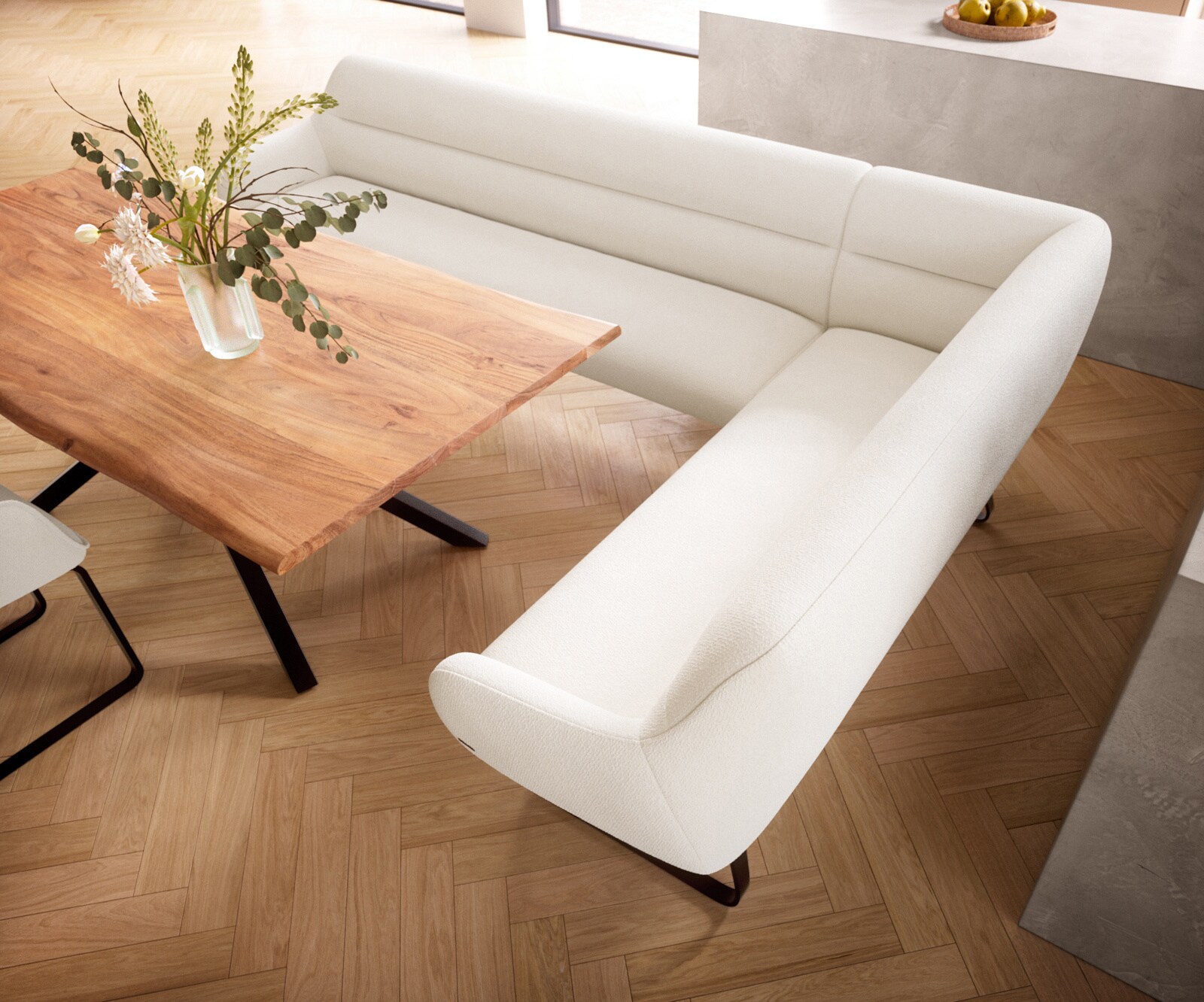 Banc-de-salle-à-manger Taya-Flex 285x190 cm bouclé crème-blanc châssis à patins plat noir ressort ensaché liens 4