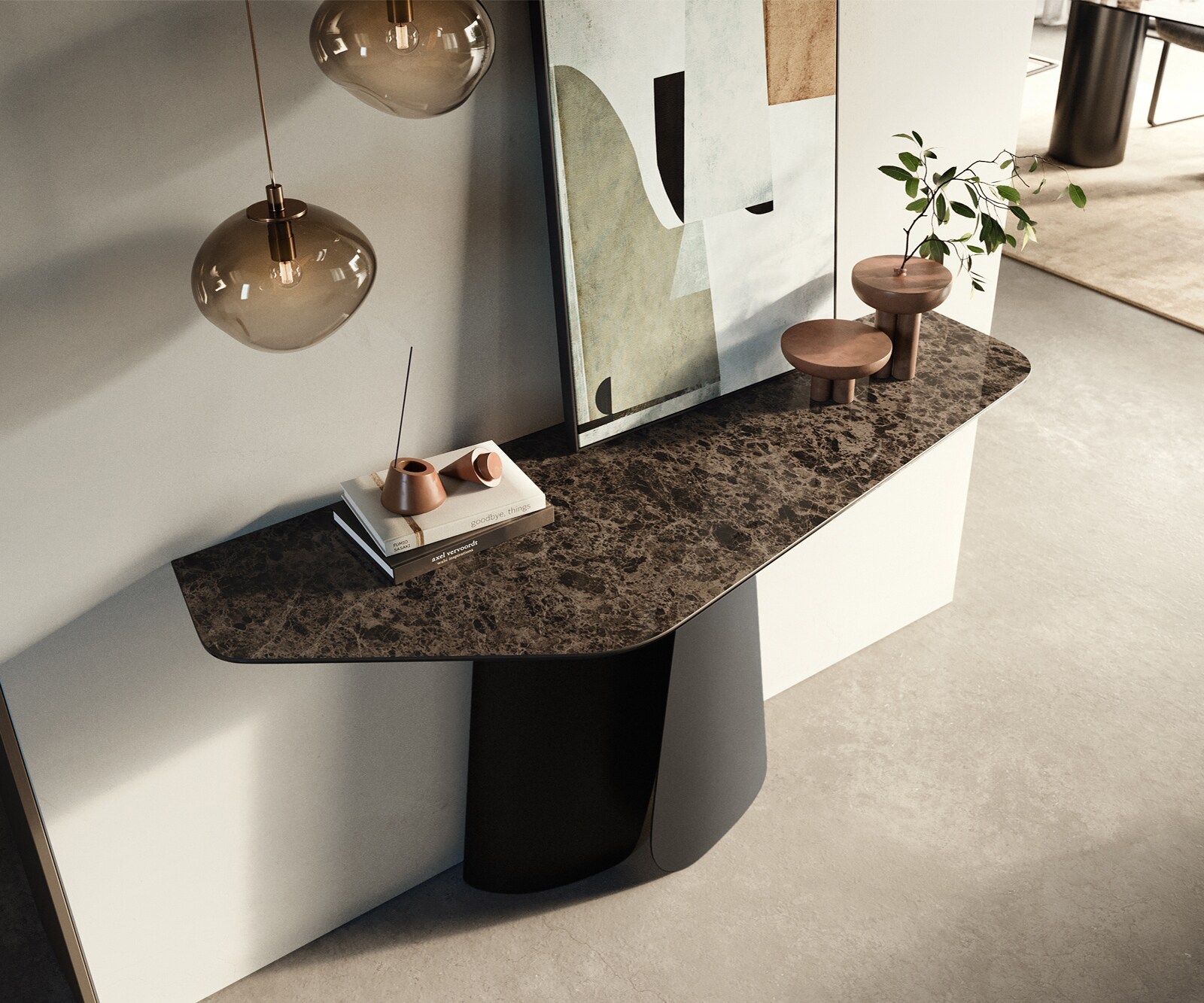 Console Edge Polygonal 140x50 cm Céramique Emperador Extra Lucidato Dunkelbraun Livos Métal Noir 1
