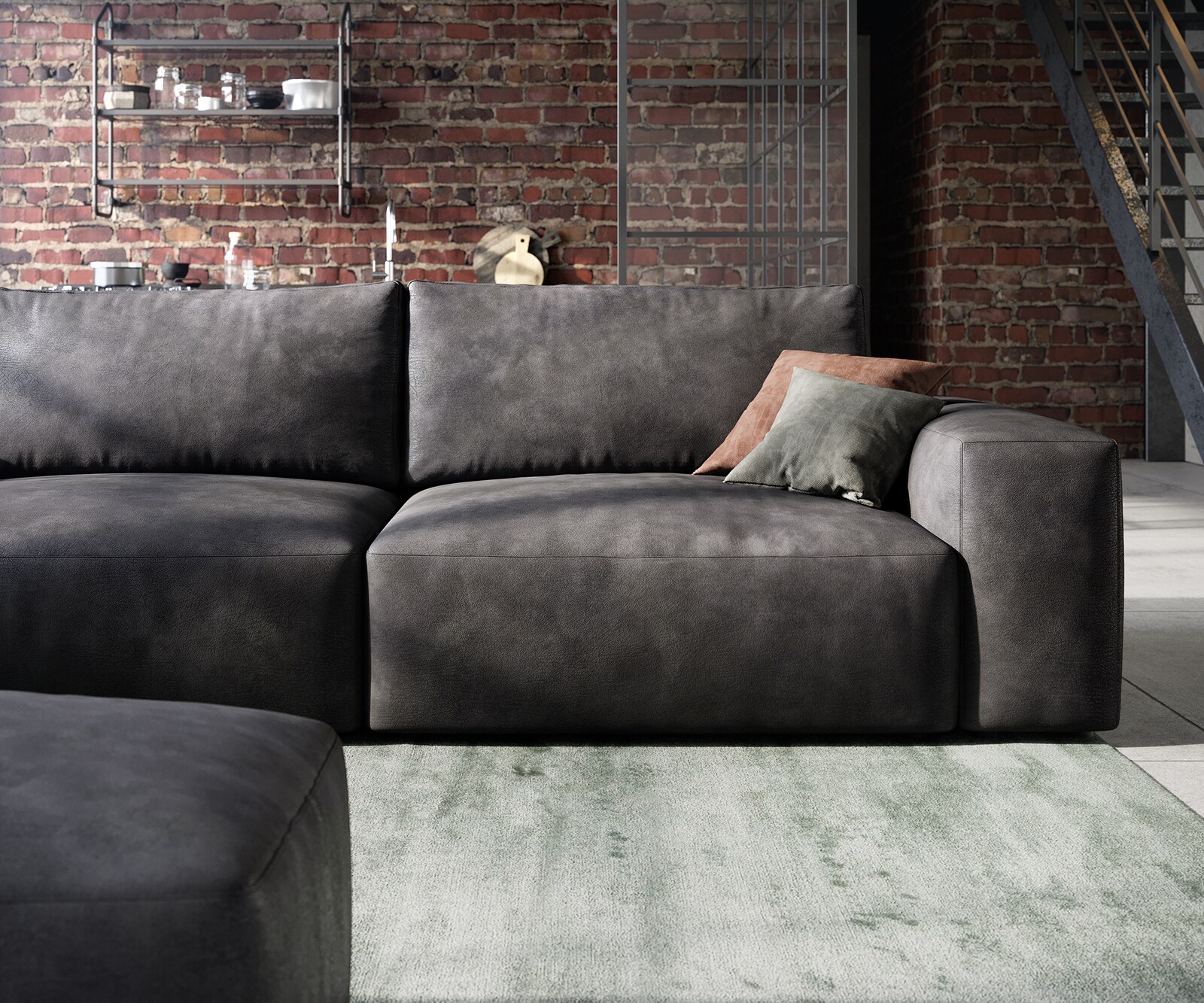 Big canapé Lanzo 230x95 cm similicuir vintage anthracite avec pouf 5