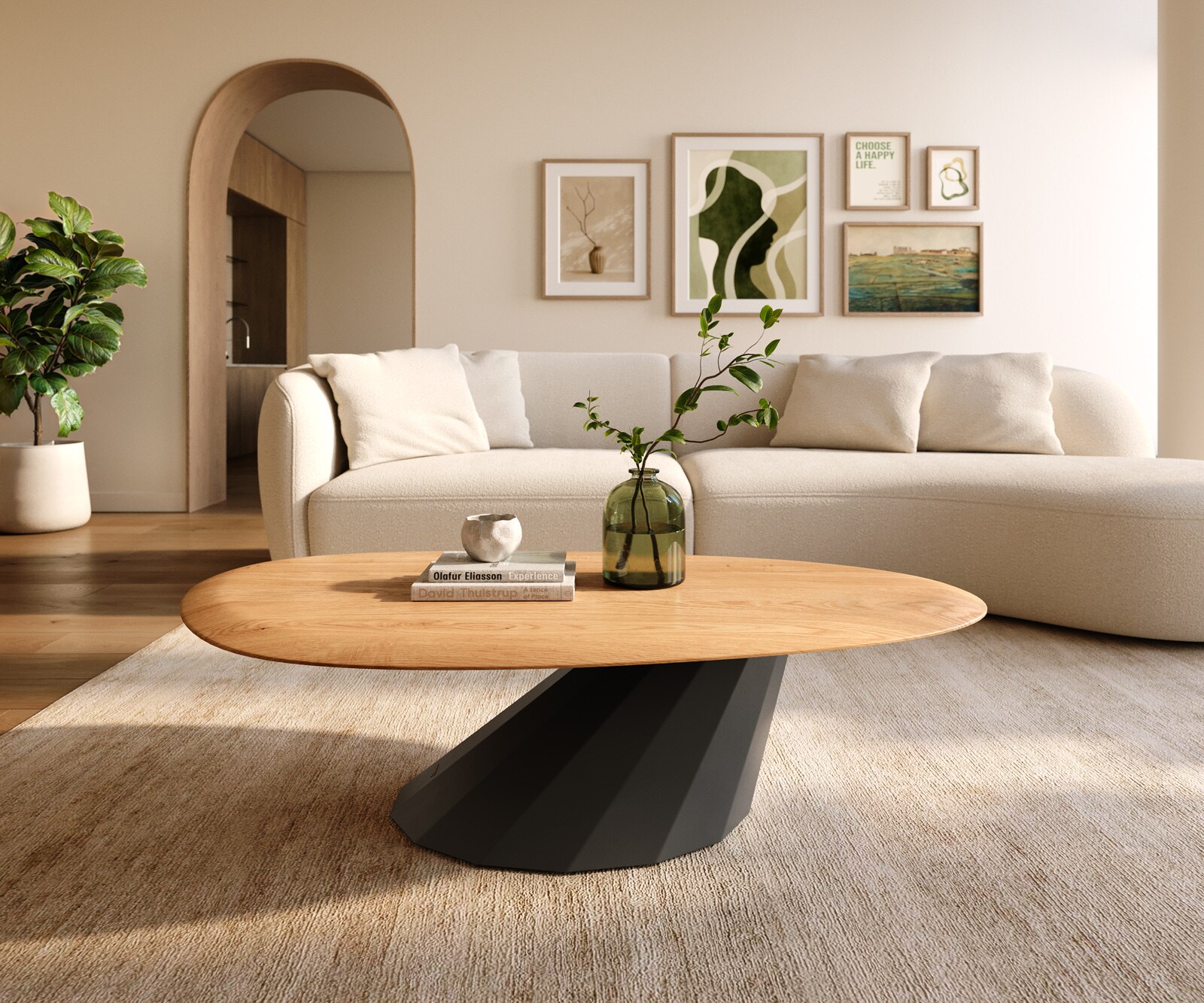 Table basse Edge Oval 140x75 cm chêne naturel bord arrondi Parabi métal noir 2