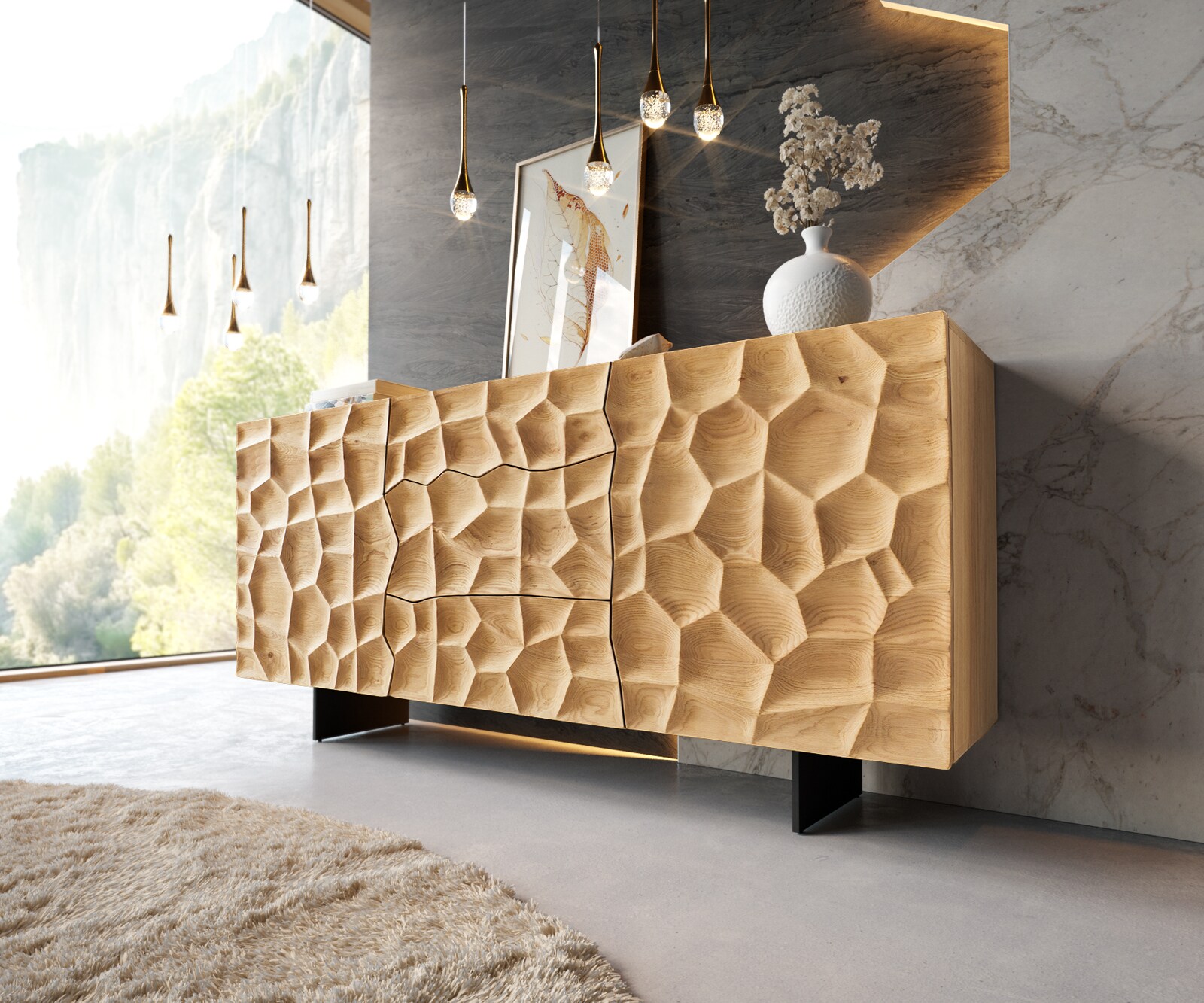 Buffet Solu 175 cm chêne naturel 2 portes 3 tiroirs pieds profilés métal noir face avant 3D