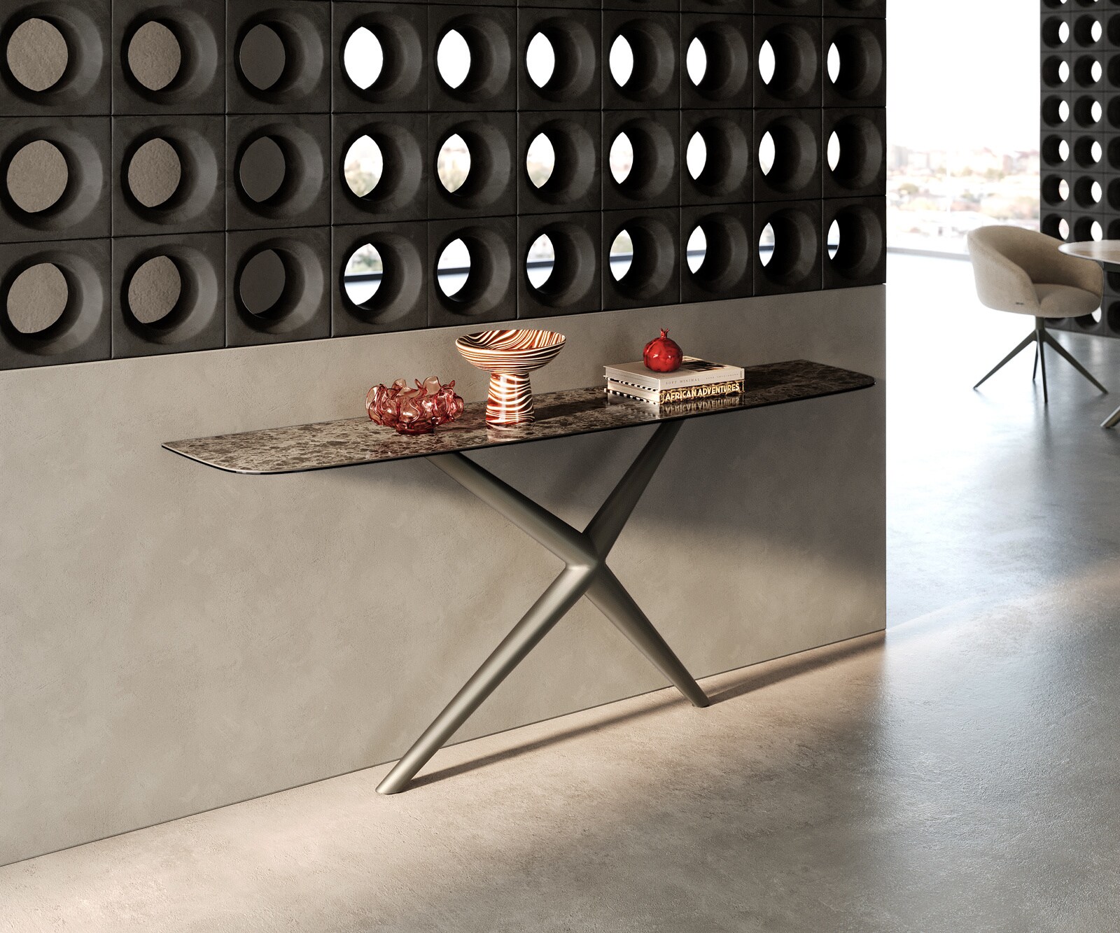 Console Edge forme bateau 180x40 cm Céramique Emperador Extra Lucidato Dunkelbraun Estelo Métal Effektfinish Titan 4