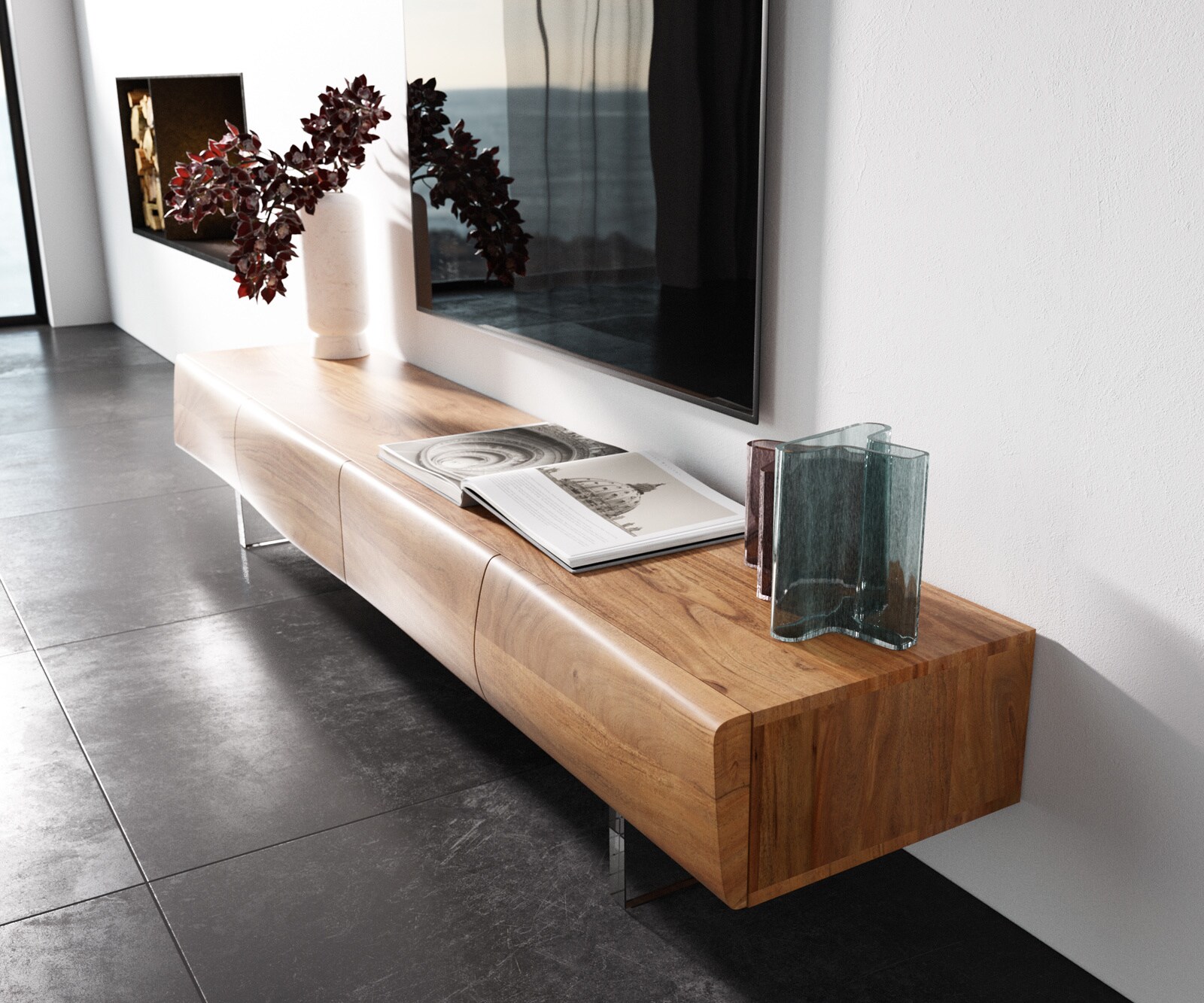Meuble TV New Live-Edge 200 cm acacia naturel 4 portes pied acrylique 1