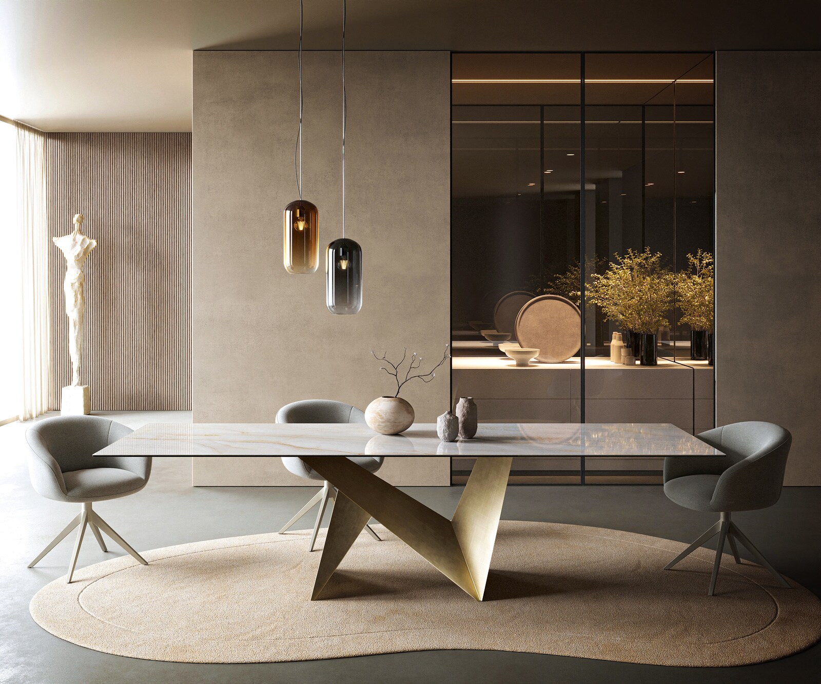 Table à manger Edge 300x100 cm céramique Onyx Pearl Origami métal doré 2