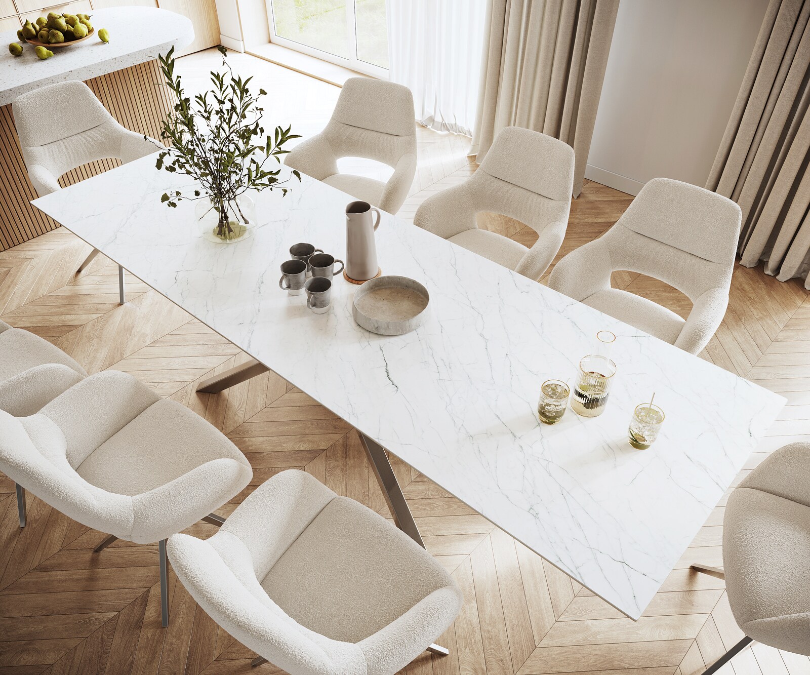 Table-à-manger Edge 300x100cm Laminam® céramique blanc pieds milieu croisé argent 4