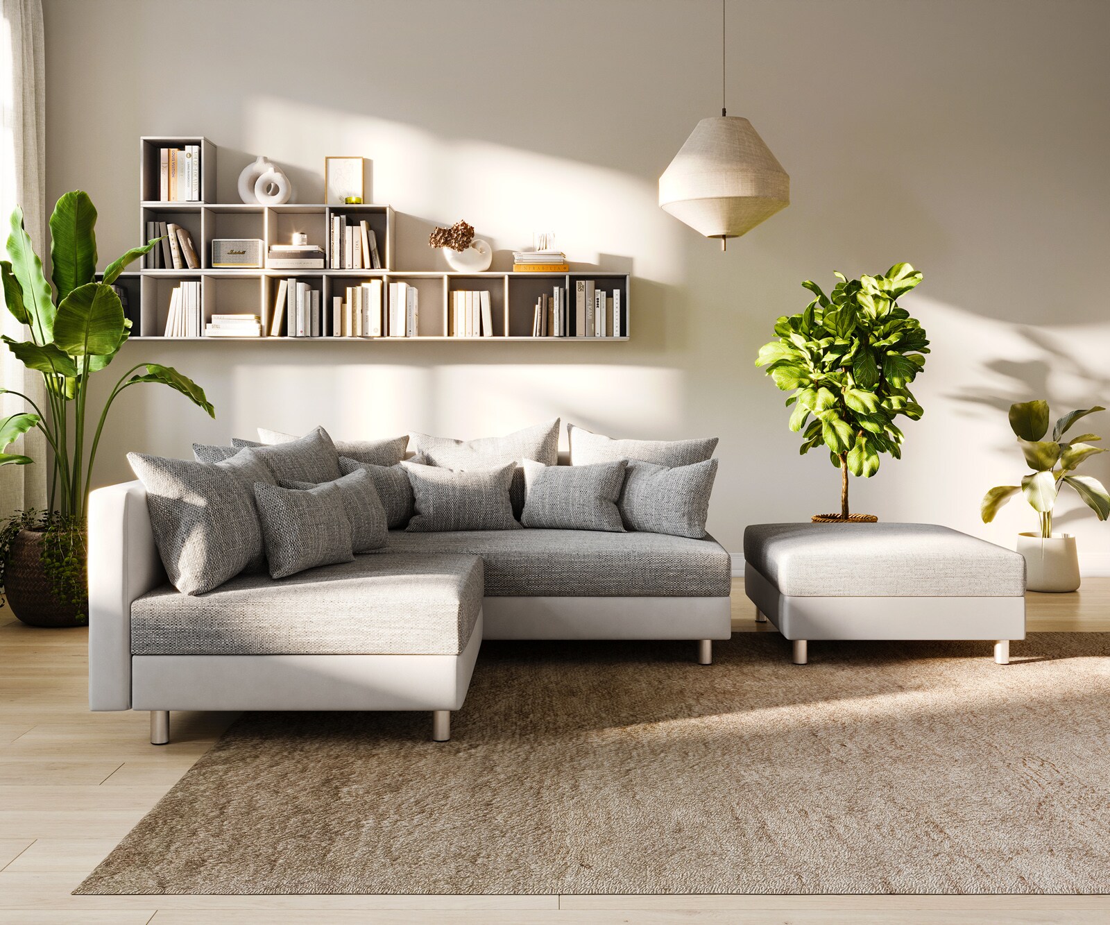Canapé-d'angle Clovis blanc gris clair tabouret ottoman droit  modulaire 3